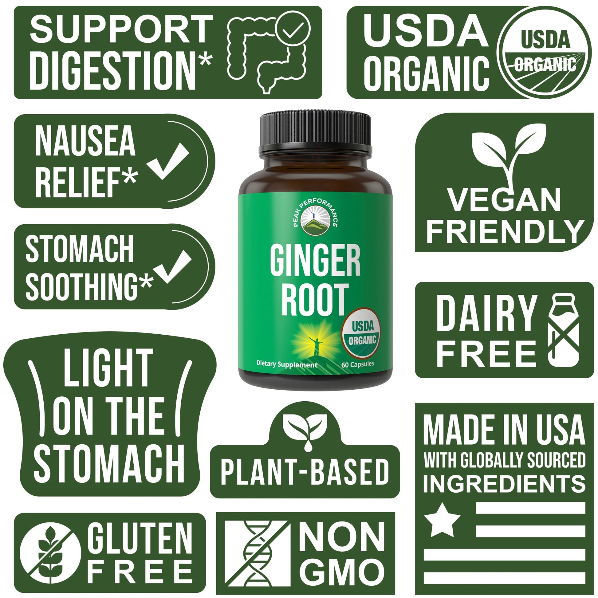Peak Performance USDA Organic Ginger Root Capsules. Vegan Ginger Pills Supplement for Women & Men to Support Digestion, Occasional Nausea Relief, Gas & Bloat Support, and Gentle Stomach Comfort Peak PerformanceAu supplements