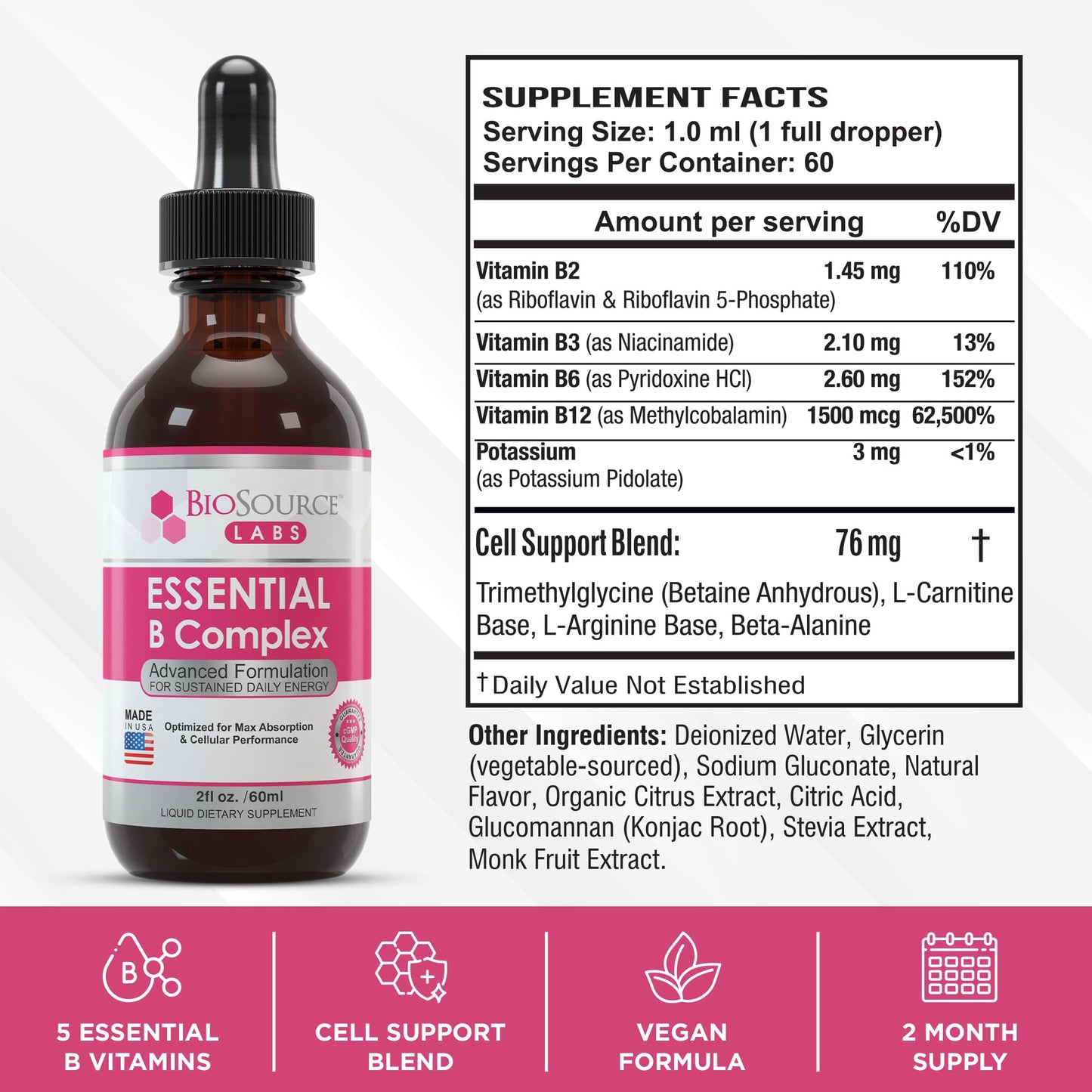 BioSource Labs Essential B Complex - Daily Vegan Vitamin B-Complex Sublingual Liquid BioSource LabsUS supplements