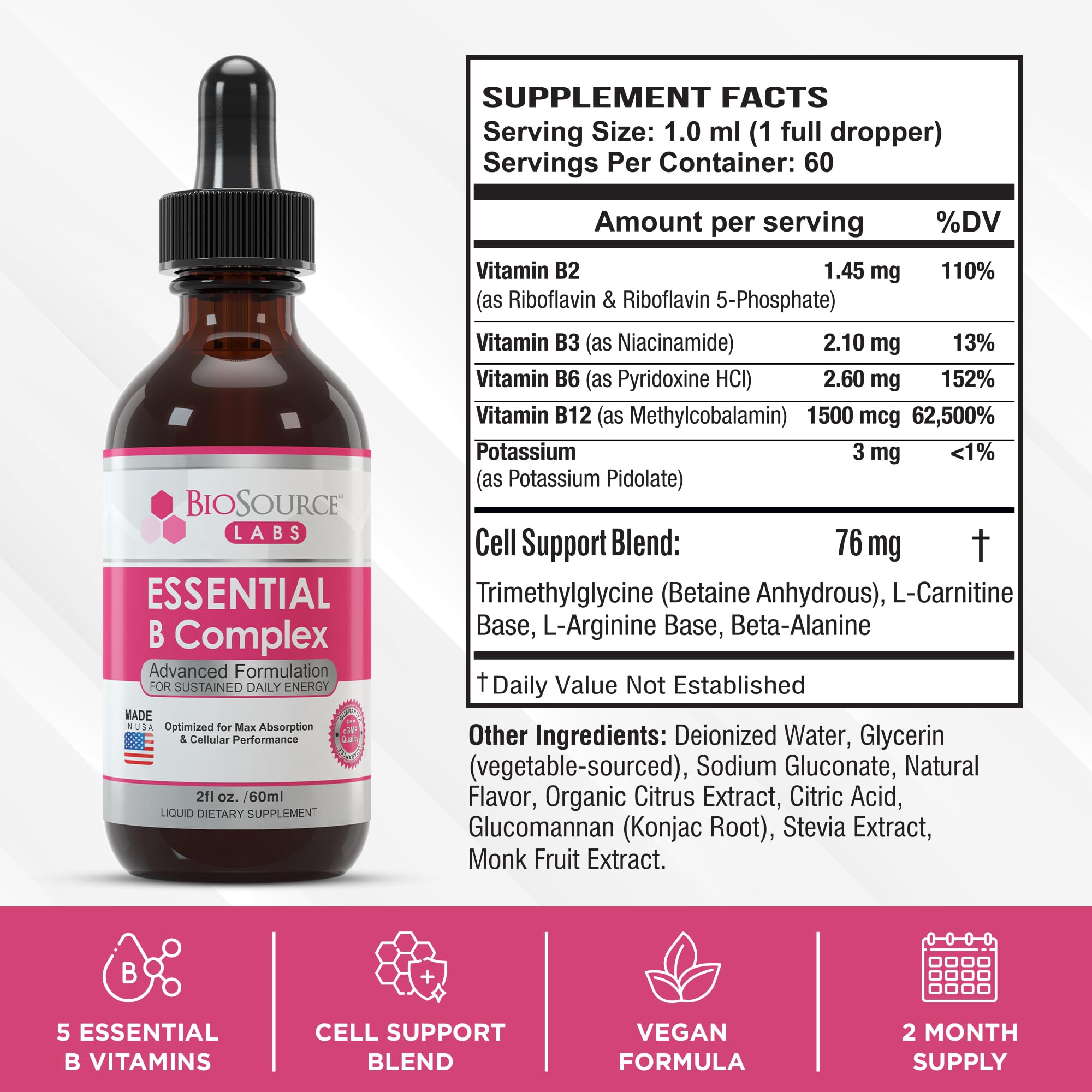 BioSource Labs Essential B Complex - Daily Vegan Vitamin B-Complex Sublingual Liquid BioSource LabsUS supplements
