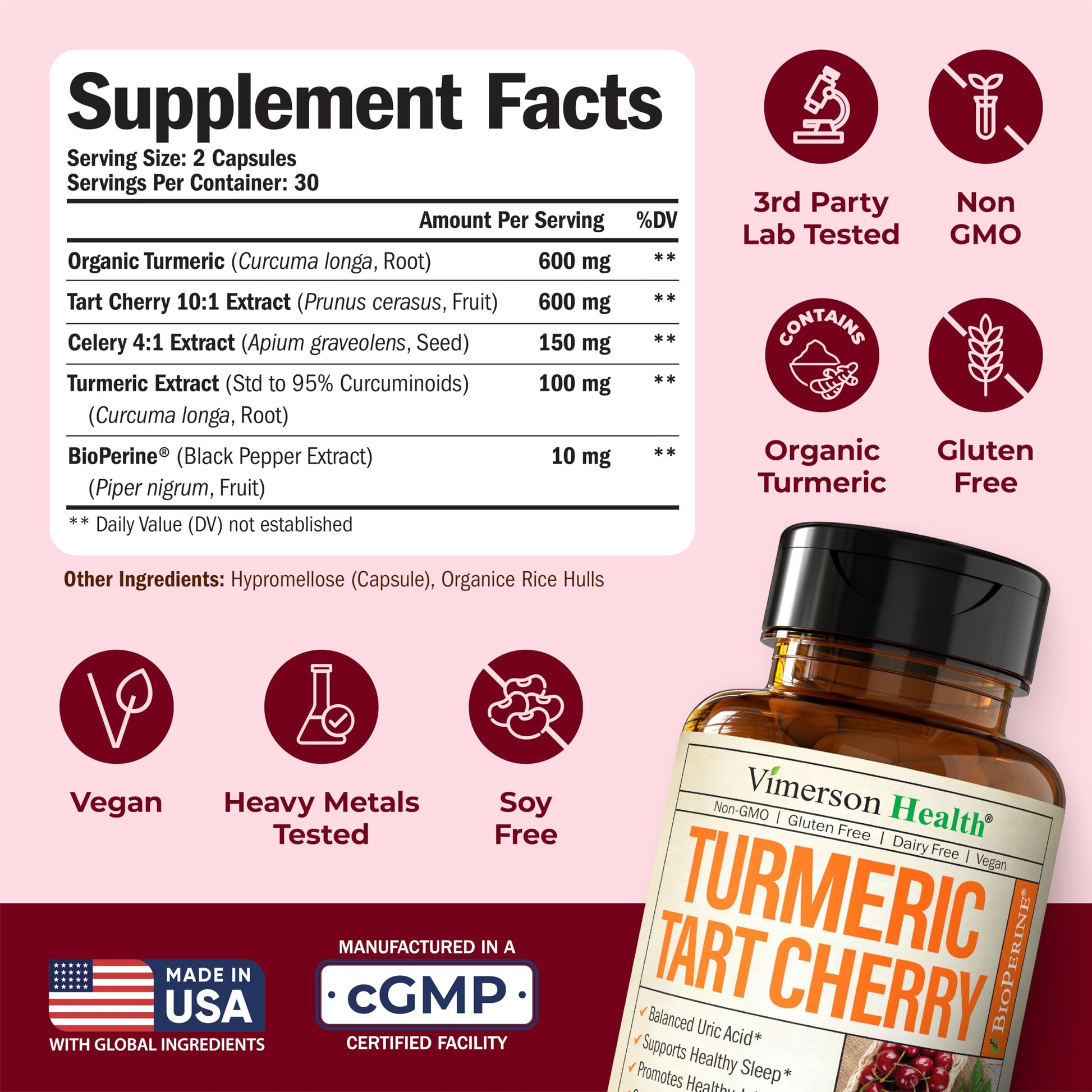Turmeric Curcumin Supplement with 10:1 Tart Cherry Extract & Celery Seed Extract – Natural Uric Acid Balance, Joint Health & Sleep Aid – Turmeric Curcumin with Black Pepper – 60 Tart Cherry Capsules Vimerson HealthAu supplements