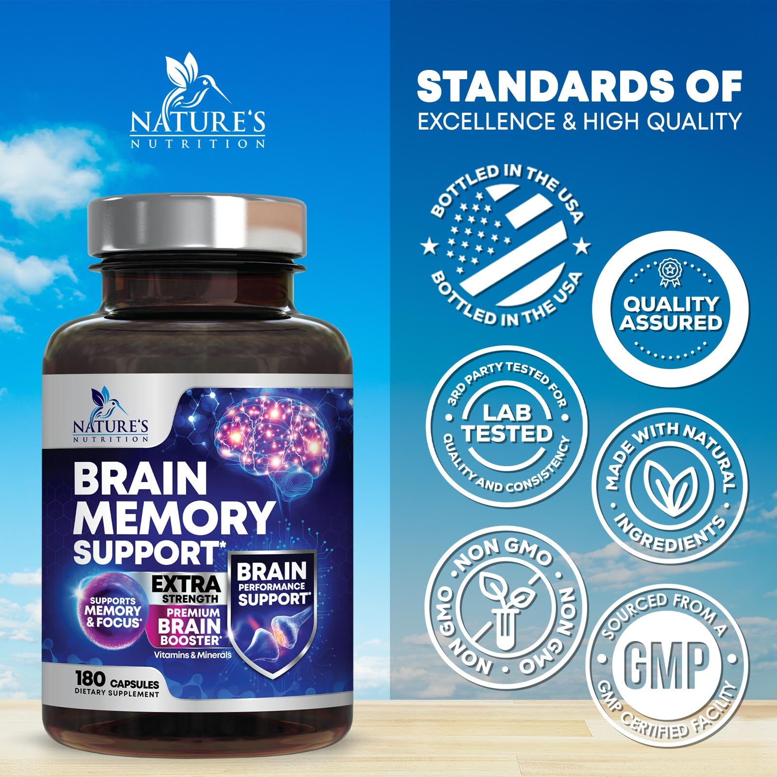 Brain Memory Supplement Pills - 3X Strength Nootropics for Concentration, Clarity & Focus Support - Brain Health Cognitive Vitamins with Bacopa, Phosphatidylserine & DMAE, Brain Booster - 180 Capsules Nature's NutritionAu supplements