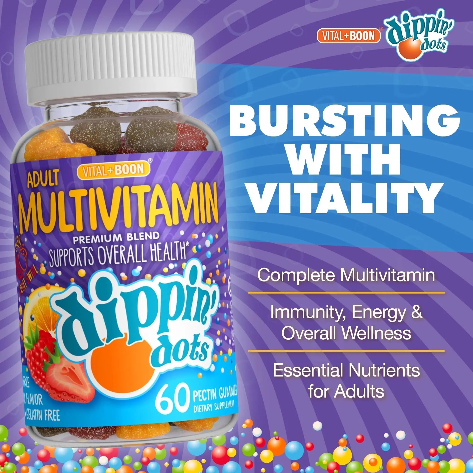 Vital+Boon Dippin' Dots - Multivitamin Gummies for Adults - Gummy Vitamins with Vitamin A, B6, C, D3, E & Folic Acid - Vegetarian Vital+BoonAu supplements