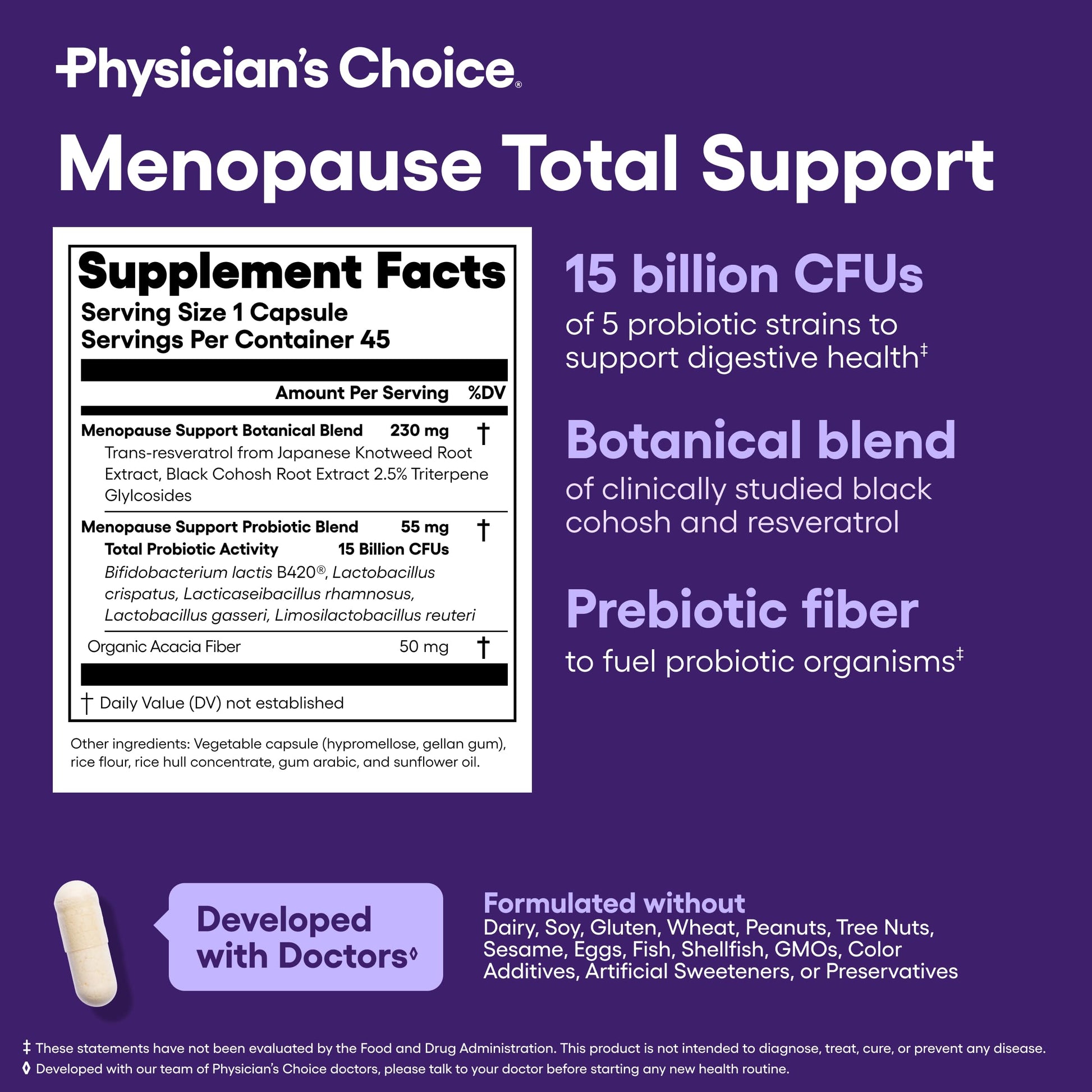 Physician's CHOICE Menopause Probiotic Supplement for Women - Supports Hormone Balance, Hot Flashes, Night Sweats, Weight Management, Bloating & Gut Health - with Black Cohosh, Resveratrol+ - 45ct Physician's CHOICEAu supplements