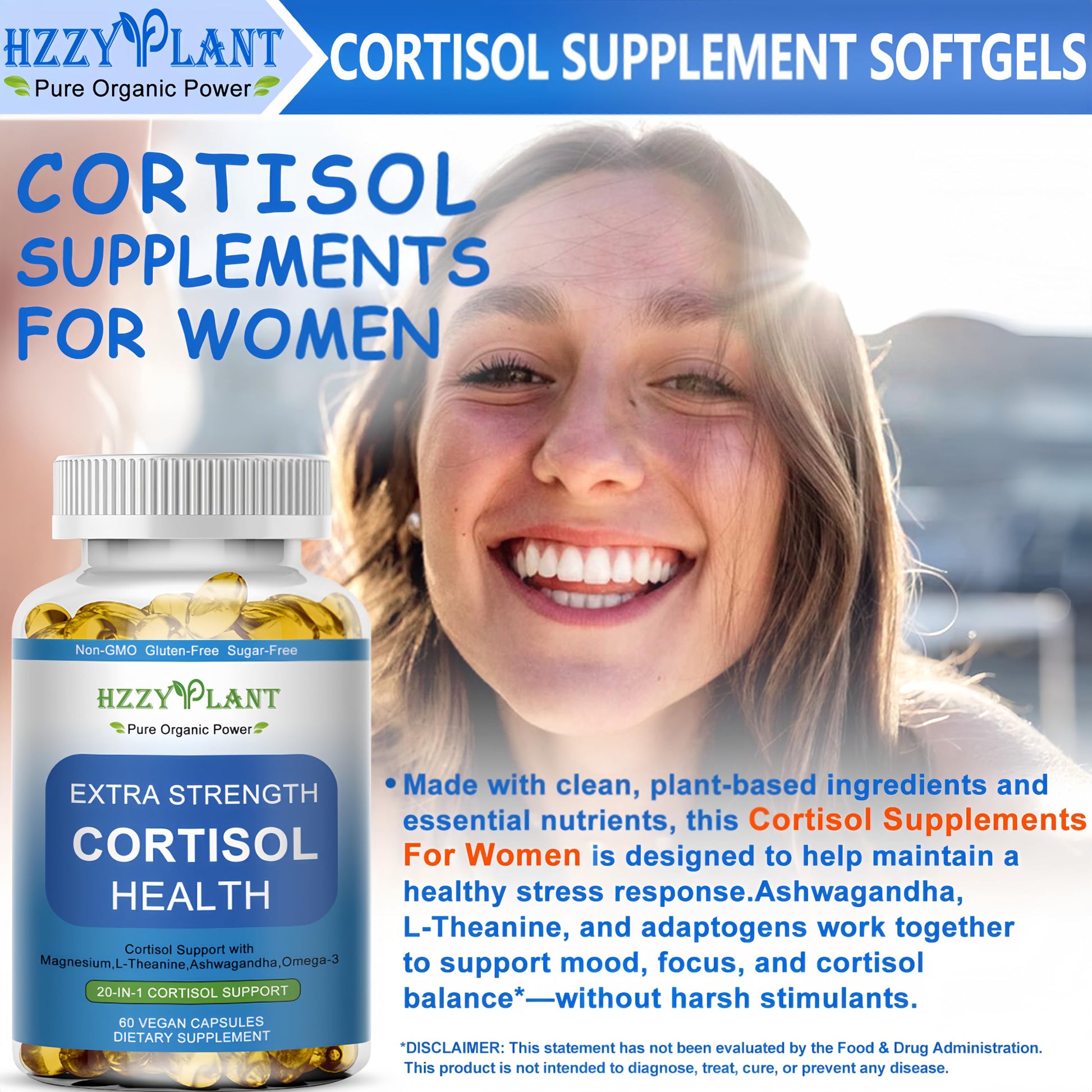 Cortisol Supplements for Women and Men Softgels with Phosphatidylserine Magnesium Ashwagandha L-Theanine,High Absorption Cortisol Detox Capsules for Sleep Relaxation Stress Relief,Non-GMO,60 Servings HZZYPLANTAu supplements