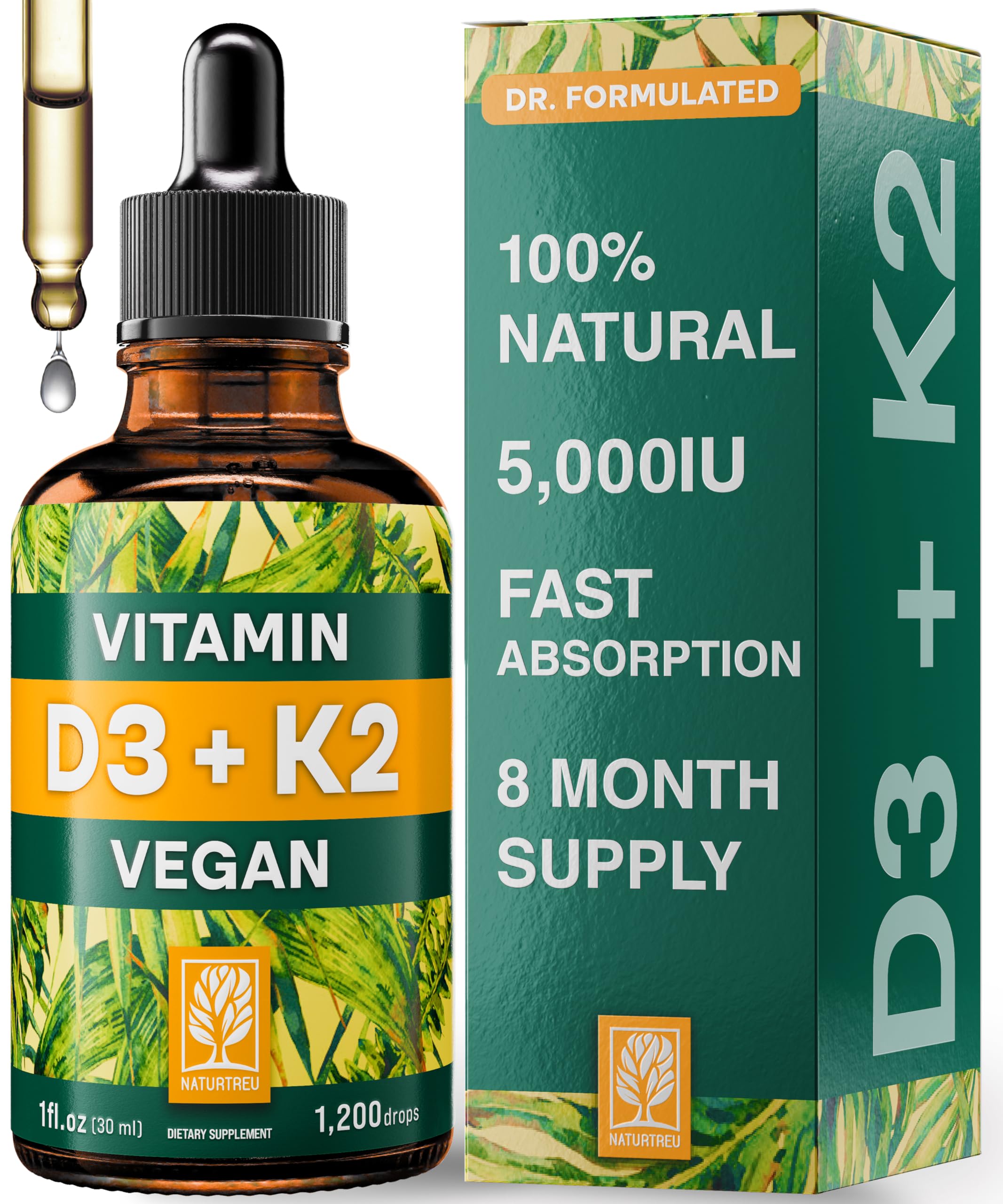 NATURTREU Vegan Vitamin D3 K2 Liquid Drops with MCT Oil for Adults (240 Servings) - Liquid Vitamin D K2 MK7 - All Natural, Non-GMO & Dr Formulated with 3X More Absorption - Third-Party Tested NATURTREUAu supplements