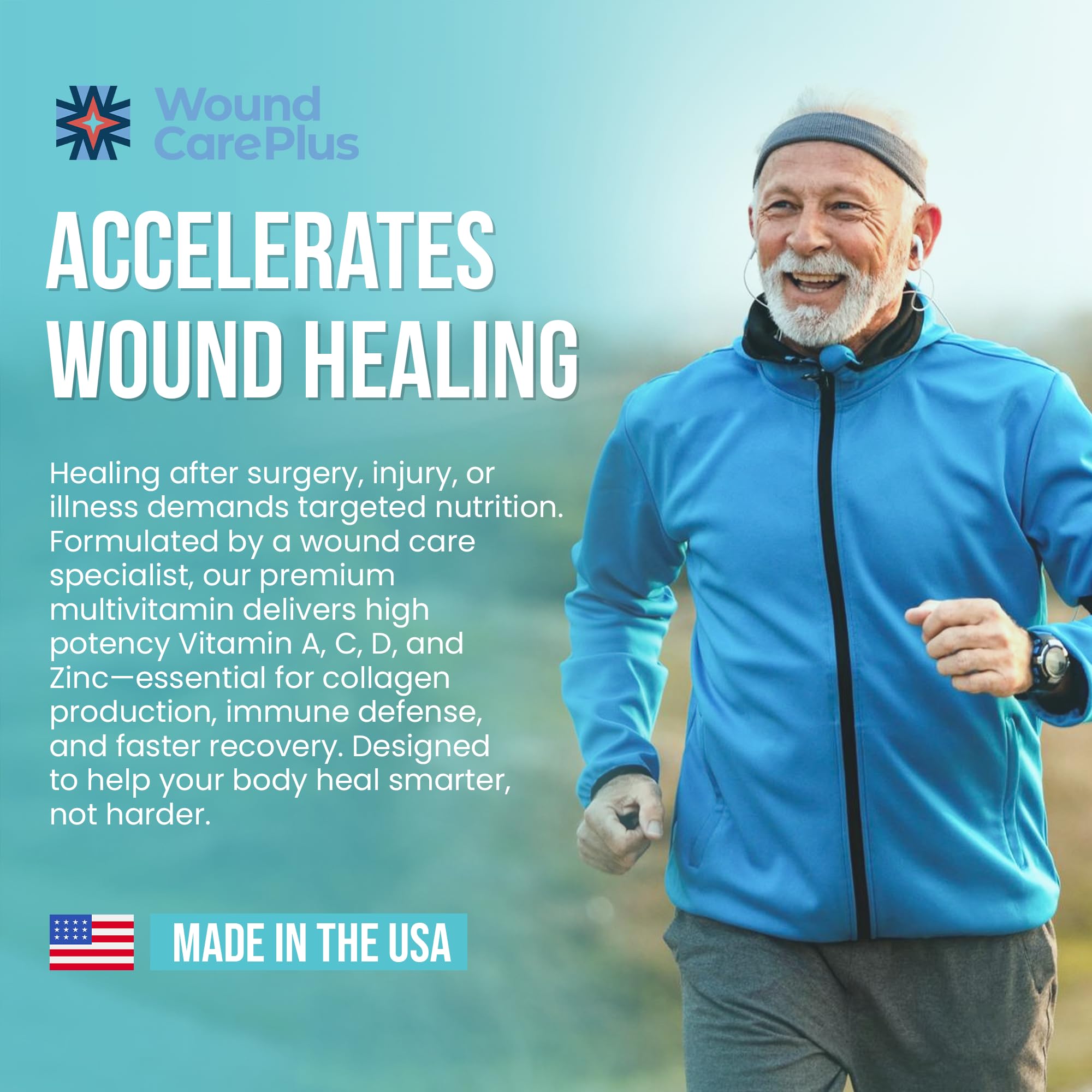 Wound Care Plus Men's Multivitamin – Comprehensive Vitamin & Mineral Blend with Vitamins A, B, C, D, E, Zinc – Supports Immune Health, Energy & Skin Wellness – 60 Capsules – Non-GMO, Gluten-Free WOUND CAREPLUSAu supplements