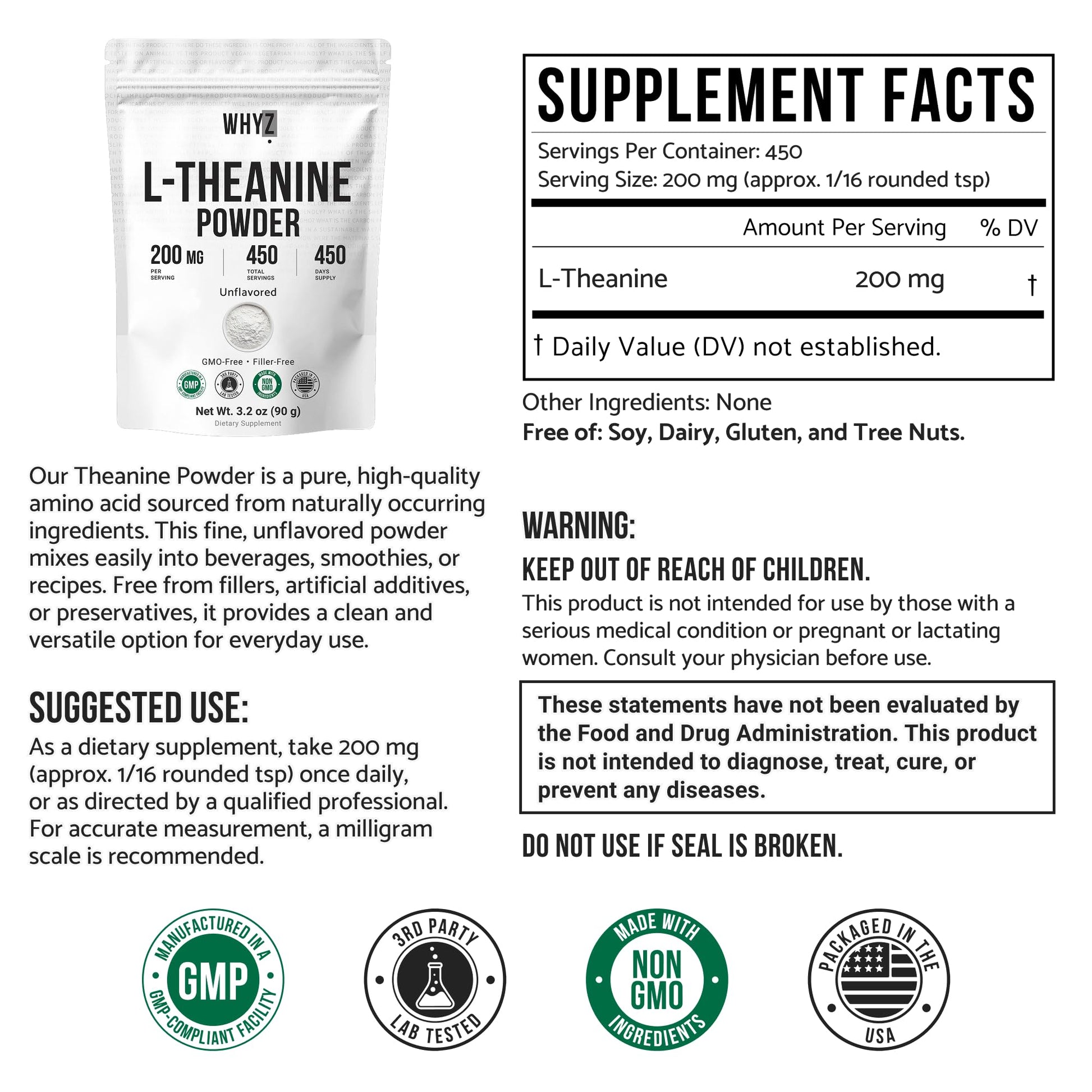 Pure L-Theanine Powder Unflavored Amino Acid Supplement Powder from Fine L-Theanine for Smooth Mixing Vegan Friendly Non-GMO No-Additives for Smoothies Drinks and Daily Nutrition Support, 3.2 oz (90g) WHYZAu supplements