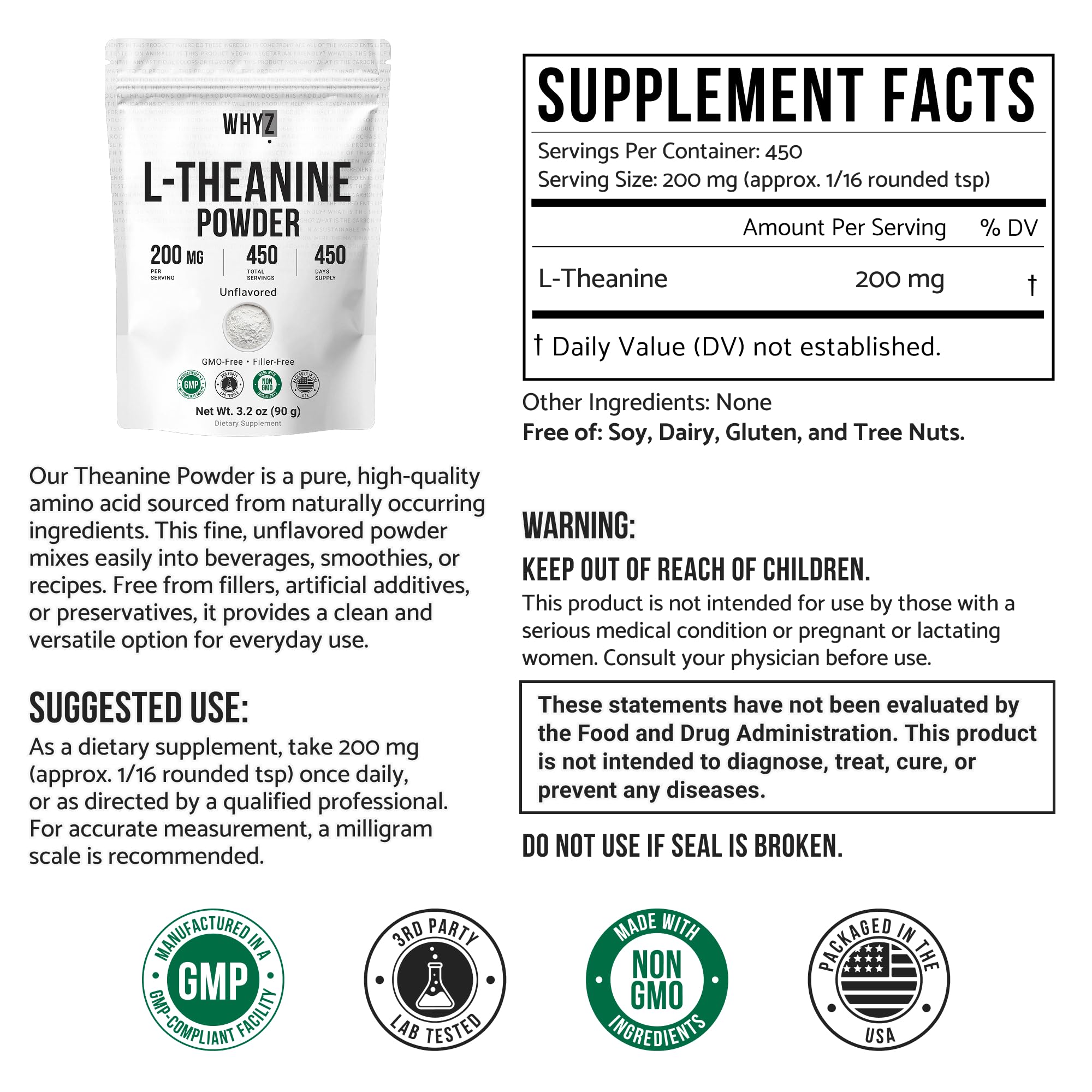 Pure L-Theanine Powder Unflavored Amino Acid Supplement Powder from Fine L-Theanine for Smooth Mixing Vegan Friendly Non-GMO No-Additives for Smoothies Drinks and Daily Nutrition Support, 3.2 oz (90g) WHYZAu supplements