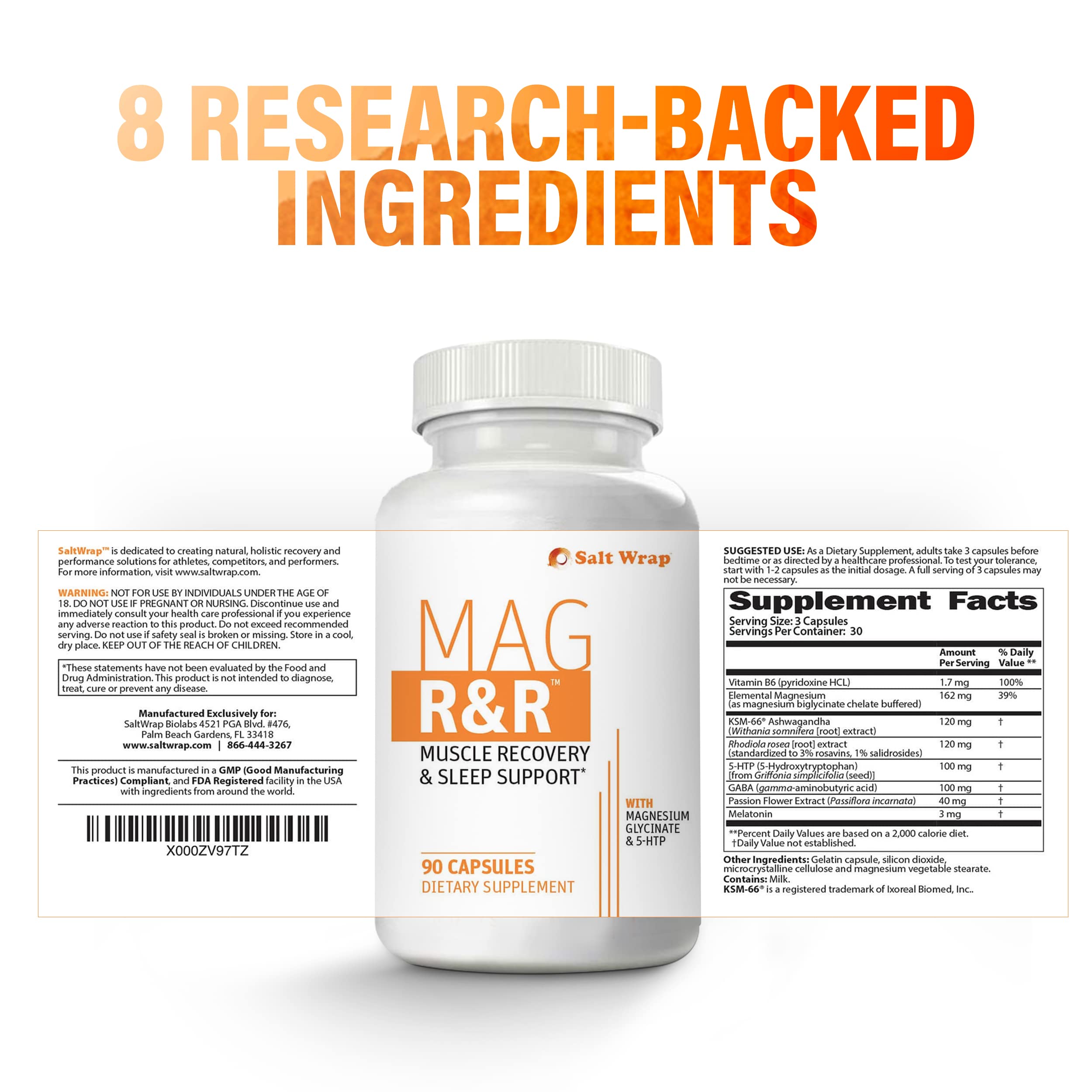 SaltWrap Mag R&R - Nighttime Muscle Cramps Support, Natural Sleep Support for Adults with Magnesium Glycinate for Muscle Spasm and Leg Cramps Relief, 90 Capsules SaltWrapAu supplements