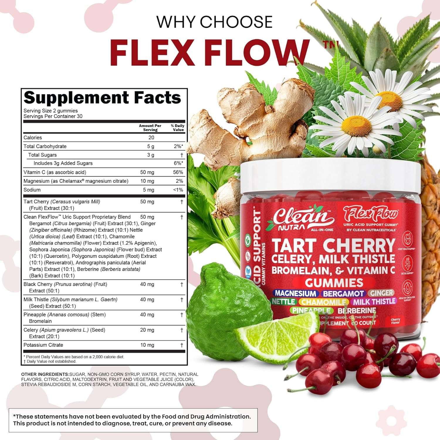 Clean Nutra Tart Cherry Gummies Uric Acid Flush Celery Milk Thistle Bromelain Vitamin C Magnesium Citrus Bergamot Ginger Stinging Nettle Leaf Chamomile Berberine Quercetin Support 60 Gummy Vitamins Clean NutraceuticalsAu supplements