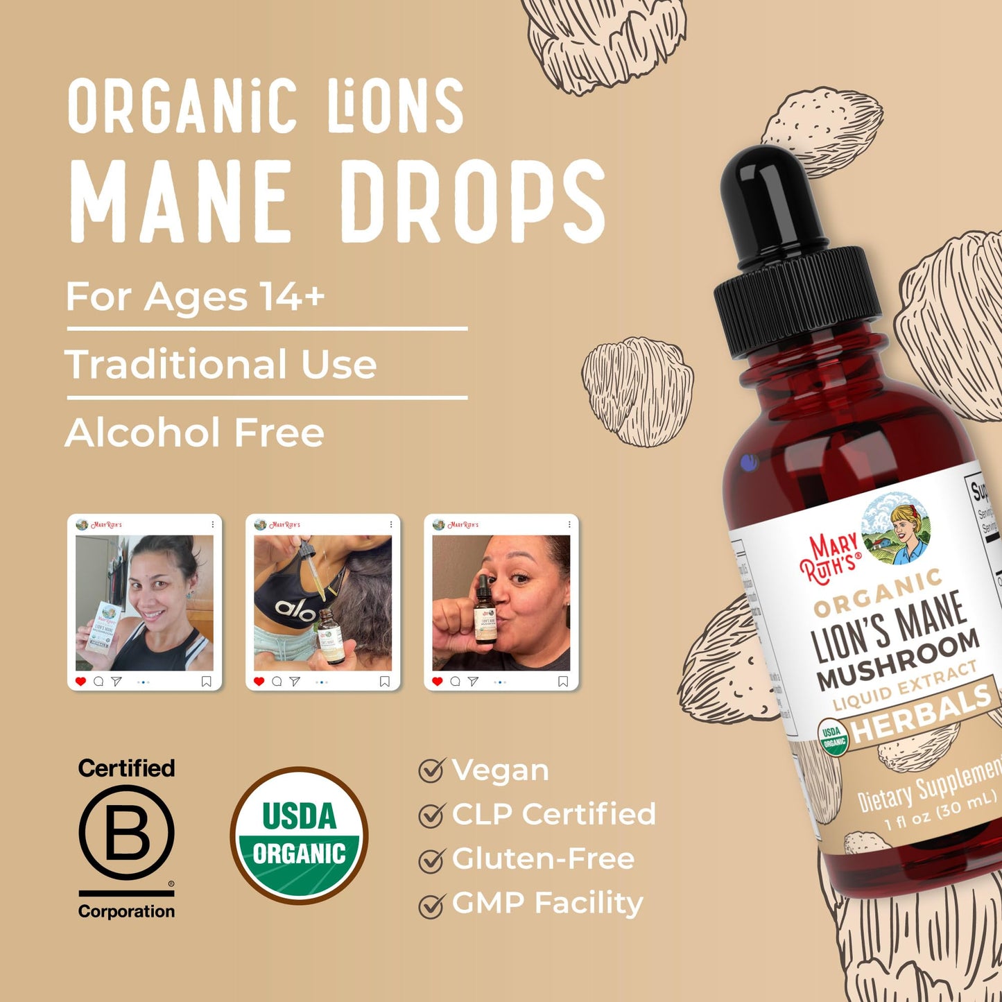 MaryRuth Organics Lions Mane Mushroom Supplement, Up to 1 Month Supply, Nootropic USDA Organic Lions Mane Extract Nervine Herbal Liquid Drops, Brain Health Non-GMO MARYRUTH'SUS supplements