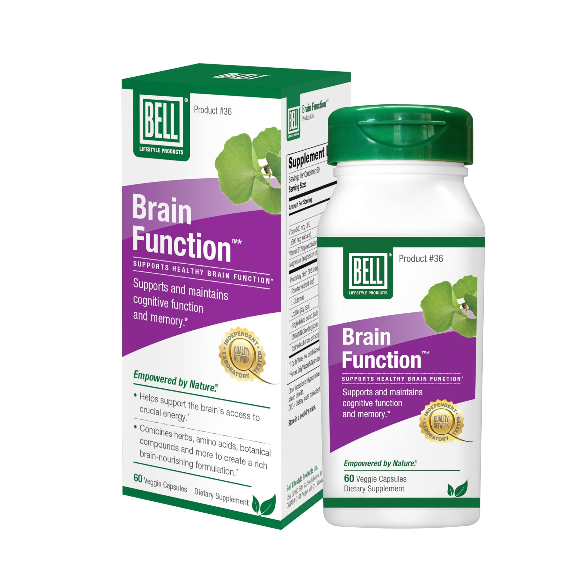 Bell Brain Function Lifestyle, Supports Cognitive Health with Ginkgo, Vitamin B12, Folate - 60 Vegetarian Capsules BellAu supplements