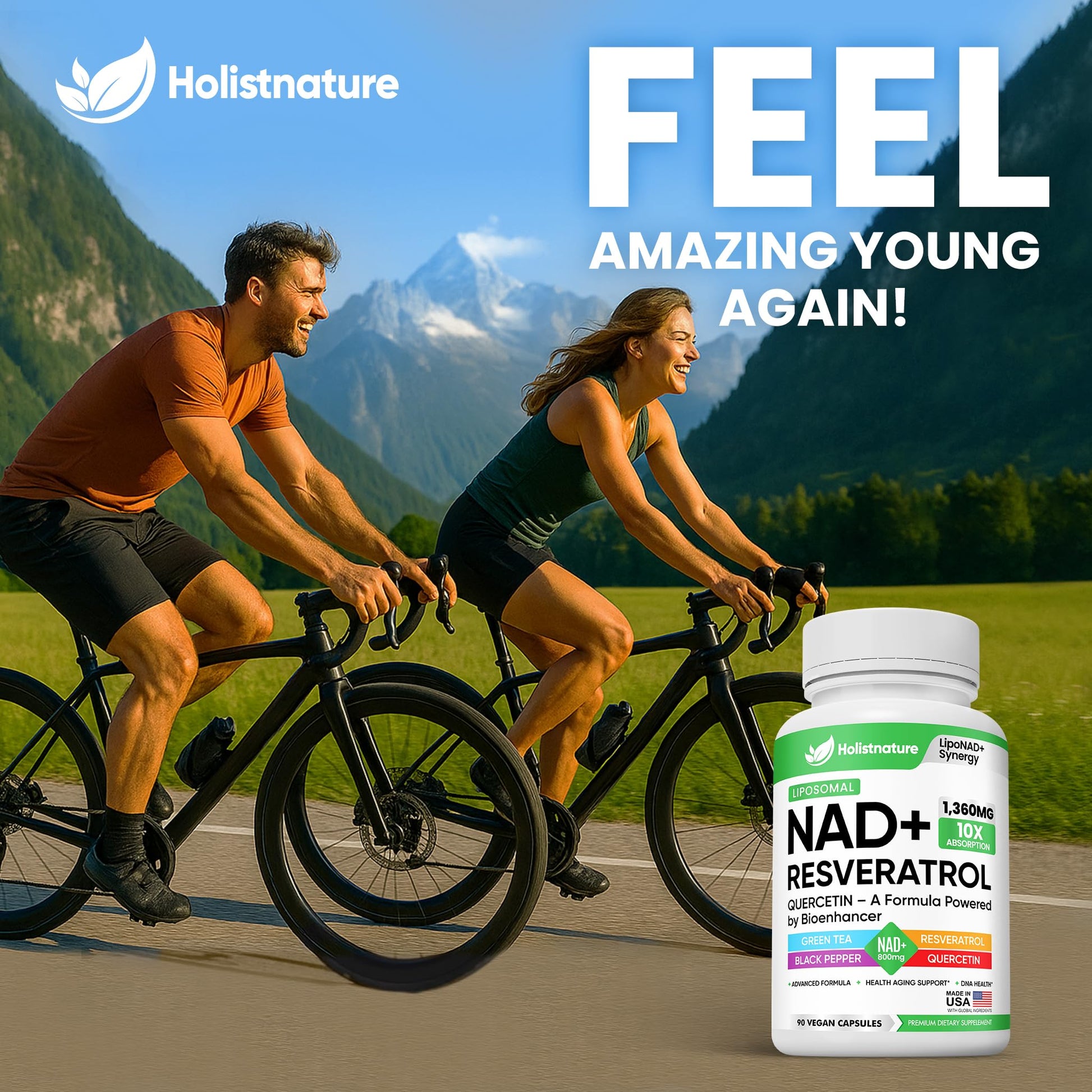 NAD+ Supplement, 1,360mg Max Strength Liposomal | Resveratrol, Quercetin, Green Tea | Cellular Energy & Healthy Aging for Men & Women | 800mg of 100% High Purity NAD+ for Energy, Focus - 90 Capsules HolistnatureAu supplements