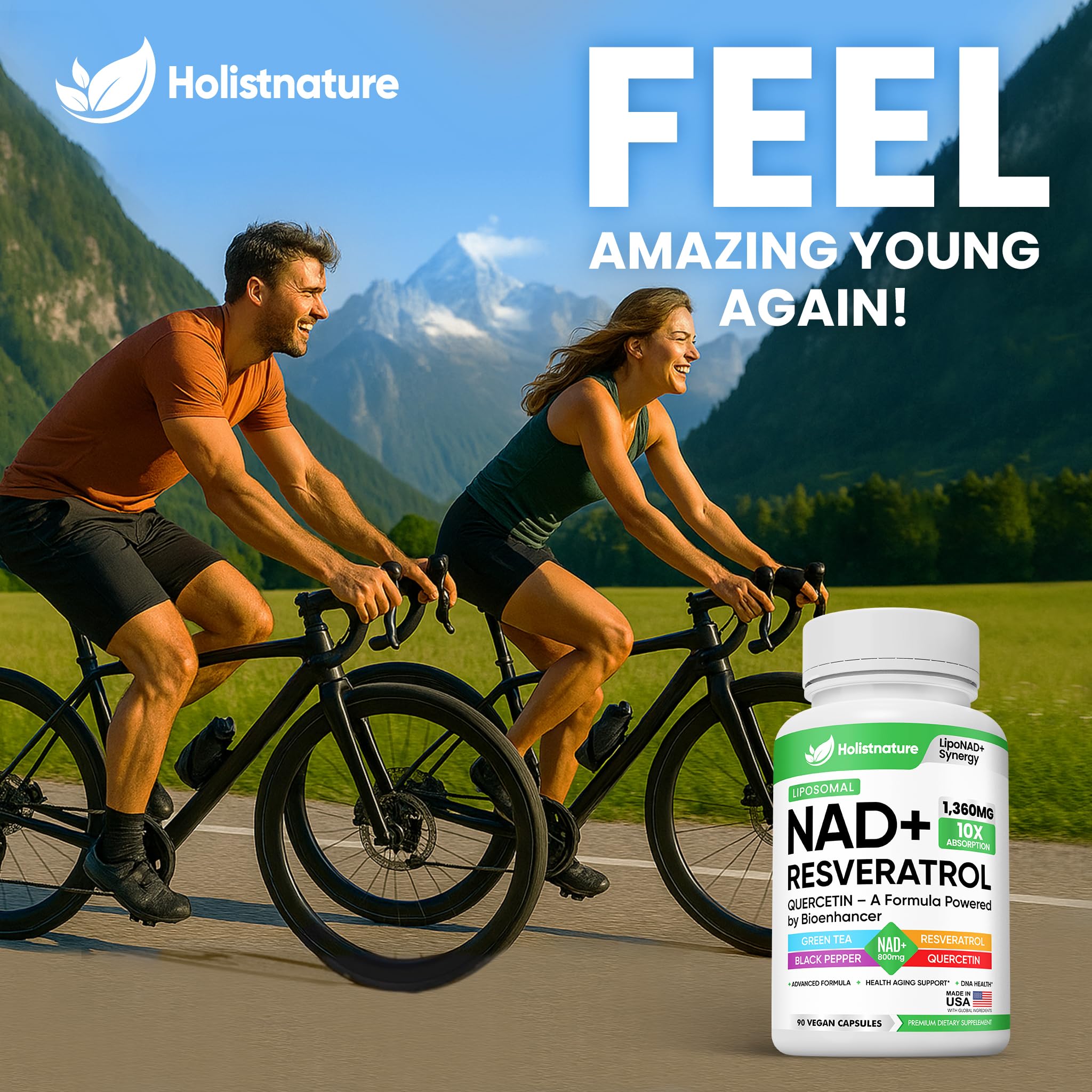 NAD+ Supplement, 1,360mg Max Strength Liposomal | Resveratrol, Quercetin, Green Tea | Cellular Energy & Healthy Aging for Men & Women | 800mg of 100% High Purity NAD+ for Energy, Focus - 90 Capsules HolistnatureAu supplements