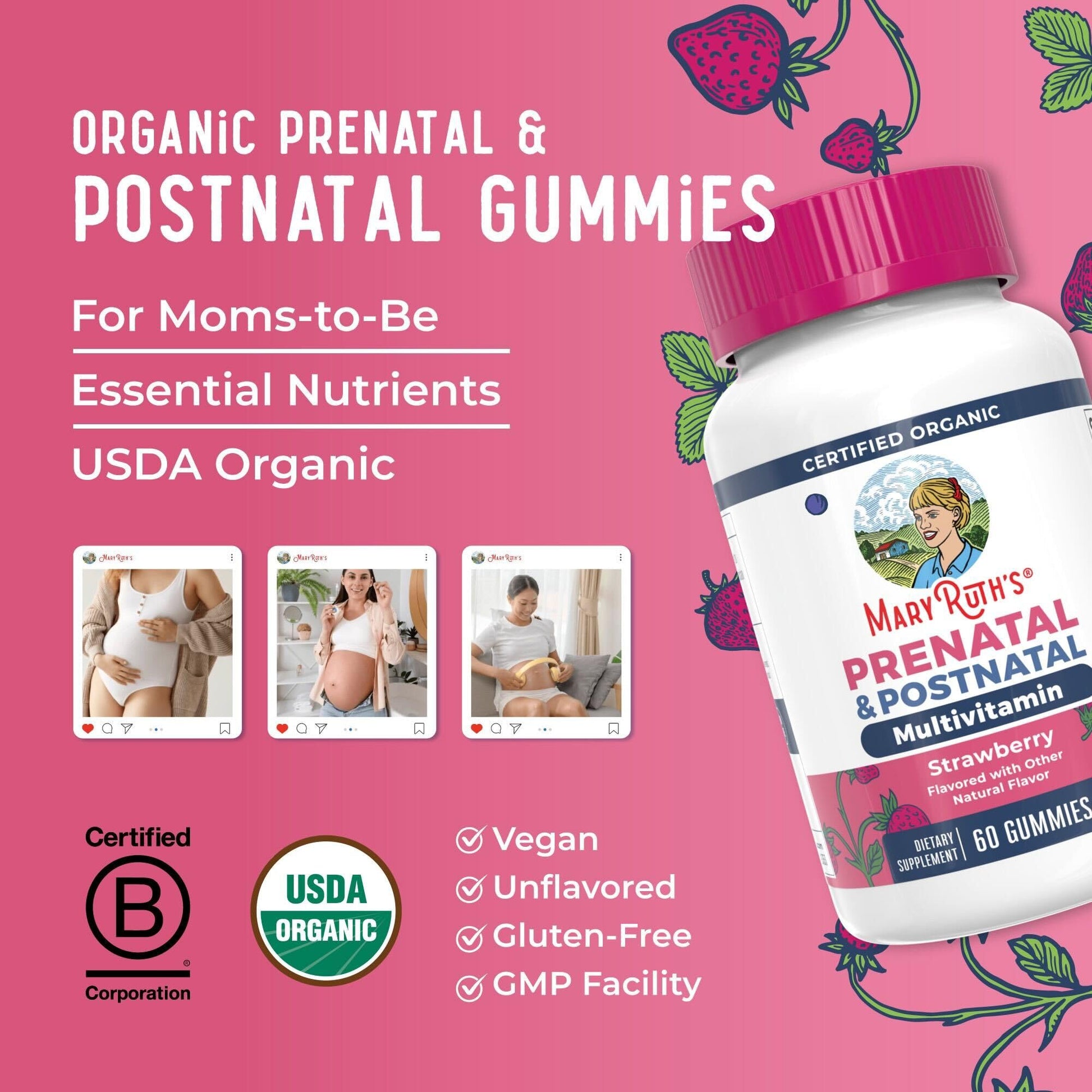 MaryRuth Organics Prenatal Vitamins for Women | USDA Organic Prenatal Gummies | Postnatal Vitamins for Women Breastfeeding | Methylfolate 800 mcg DFE | Iodine | Vegan | Non GMO | 30 Servings MARYRUTH'SUS supplements