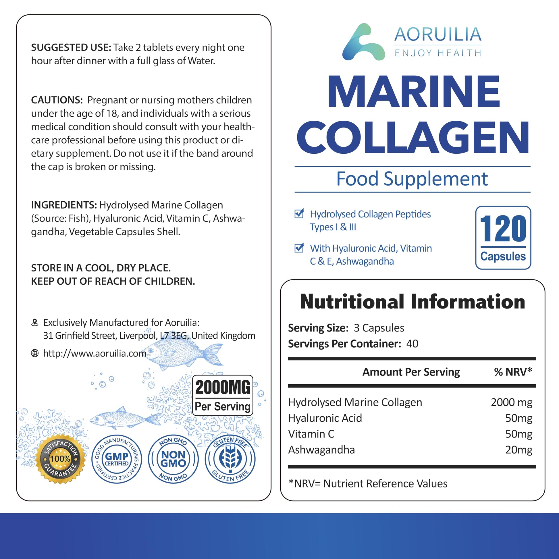 Marine Collagen Supplements for Women Men 2000mg 120 Capsules Hyaluronic Acid, Vitamin C, Vitamin E, & Ashwagandha AoruiliaAu supplements