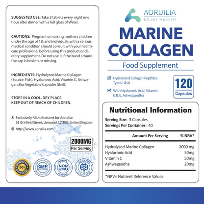 Marine Collagen Supplements for Women Men 2000mg 120 Capsules Hyaluronic Acid, Vitamin C, Vitamin E, & Ashwagandha AoruiliaUS supplements
