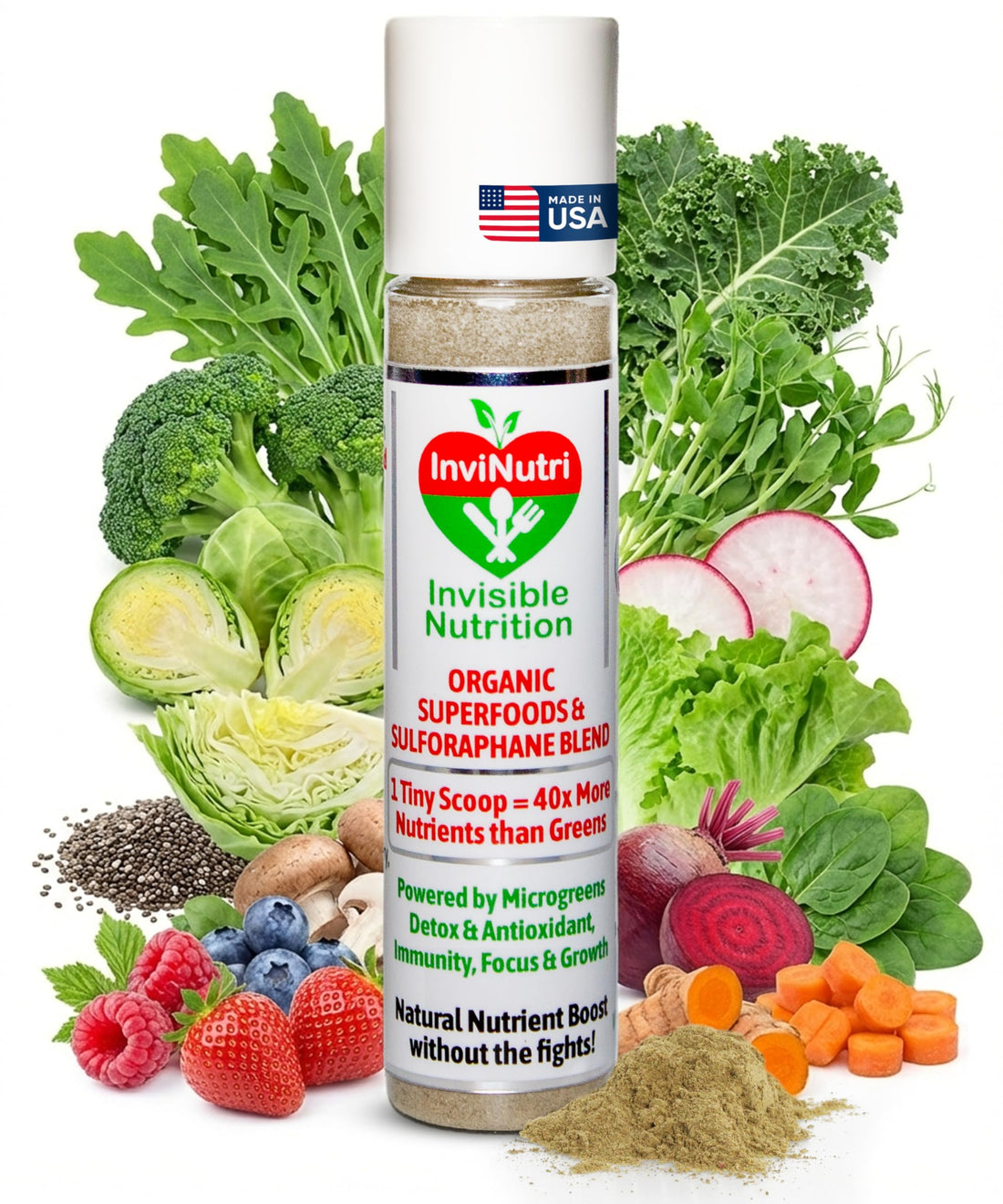 InviNutri Superfood Powder for Sensory & Picky Eaters. A TINY scoop- 40x Nutrient-Rich, 30mg Sulforaphane for Detox. Organic Microgreens, Fruits & Veggies - Blends Invisibly into Most Meals - 24 serv. InviNutri Invisible NutritionAu supplements