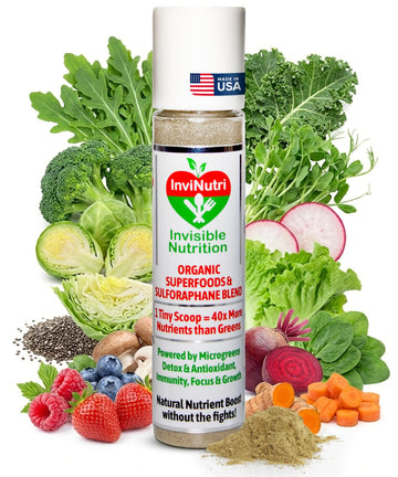 InviNutri Superfood Powder for Sensory & Picky Eaters. A TINY scoop- 40x Nutrient-Rich, 30mg Sulforaphane for Detox. Organic Microgreens, Fruits & Veggies - Blends Invisibly into Most Meals - 24 serv. InviNutri Invisible NutritionAu supplements