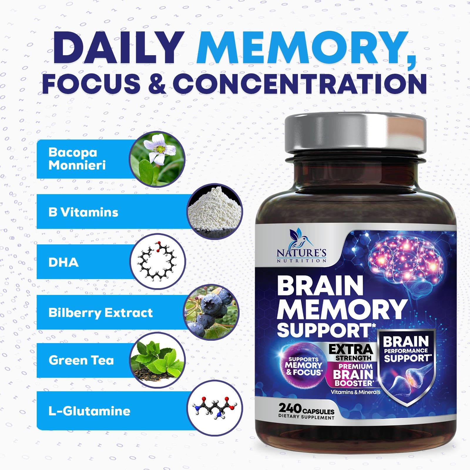 Brain Memory Supplement Pills - 3X Strength Nootropics for Concentration, Clarity & Focus Support - Brain Health Cognitive Vitamins with Bacopa, Phosphatidylserine & DMAE, Brain Booster - 240 Capsules Nature's NutritionAu supplements
