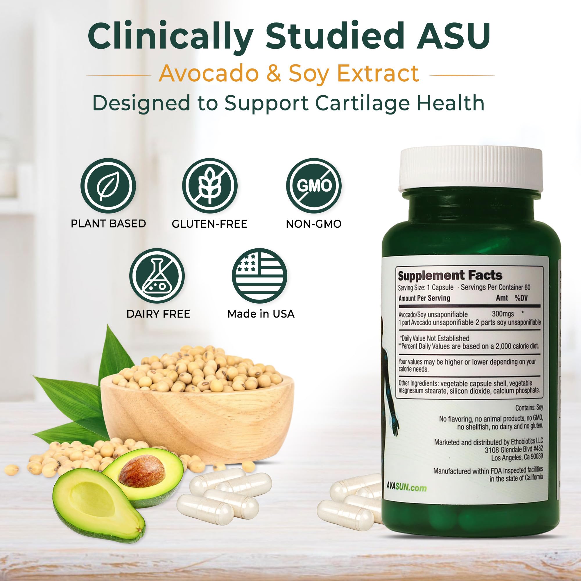ASU Joint Support Supplement – 300mg Avocado Soy Unsaponifiables for Joint Comfort, Mobility & Cartilage Health, Clinically Studied, Plant-Based, Non-GMO, Gluten-Free, 60 Capsules (2 Month Supply) AvaSunAu supplements