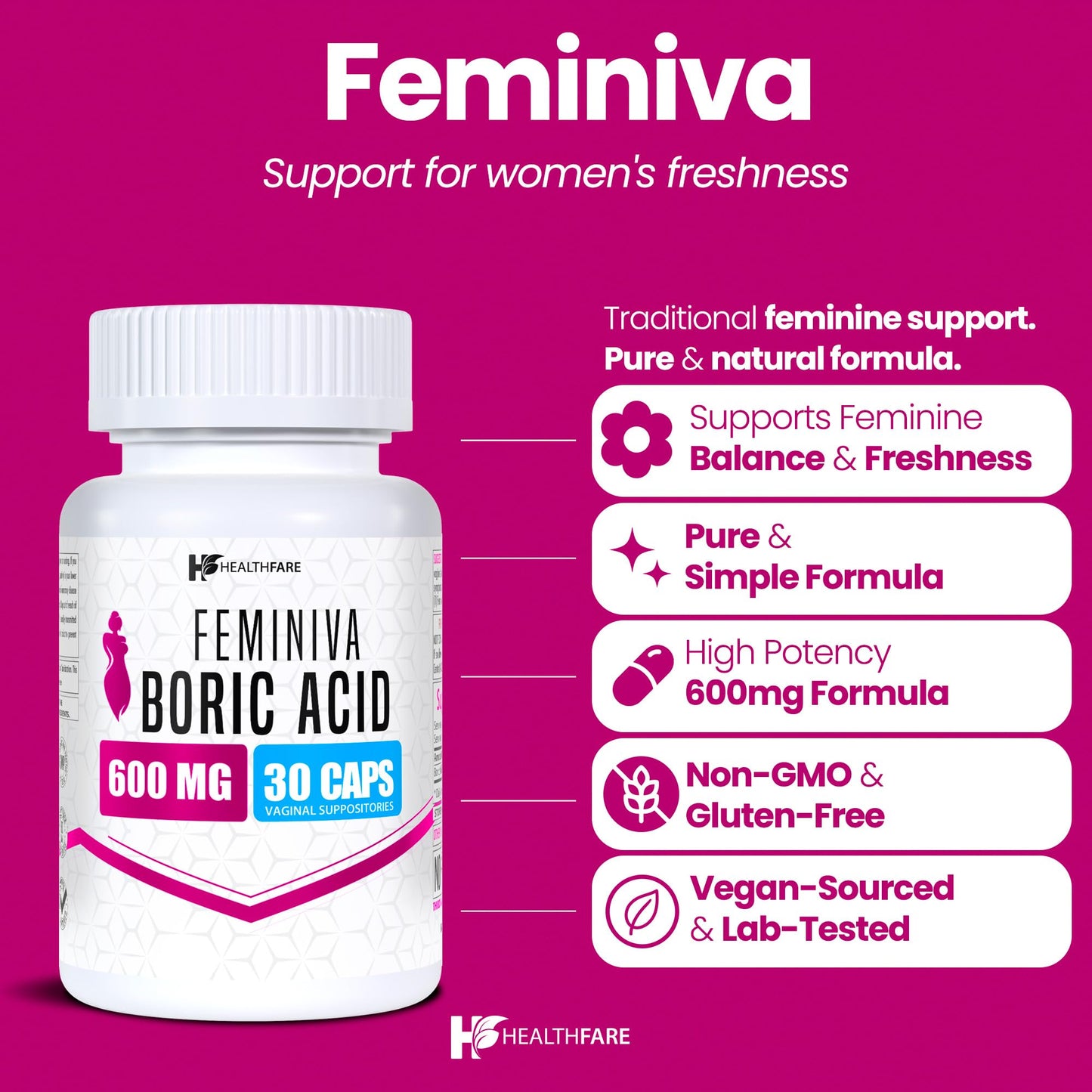 Healthfare Feminiva Boric Acid Suppositories | 2-Pack | 30 Vaginal Suppositories Each | 600mg | 100% Pure | Made in The USA HealthfareUS supplements