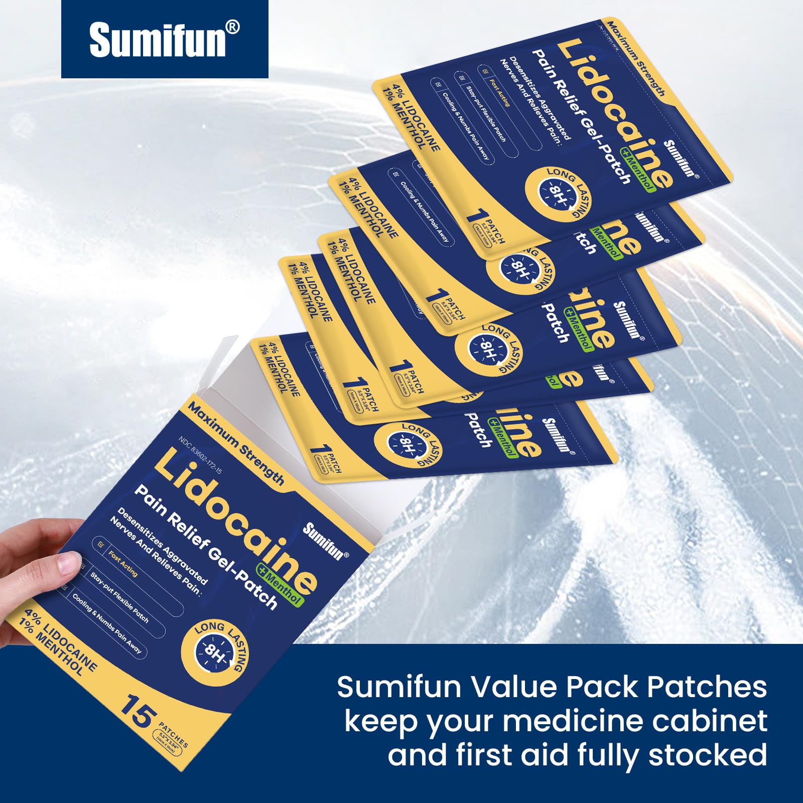 Sumifun 4% Lidocaine Patches Plus 1% Menthol - 15 Counts Maximum Strength OTC Pain Relief Patches for Back Ache Stiff Neck Joint Pain Muscle Soreness Topical Analgesic SumifunAu supplements