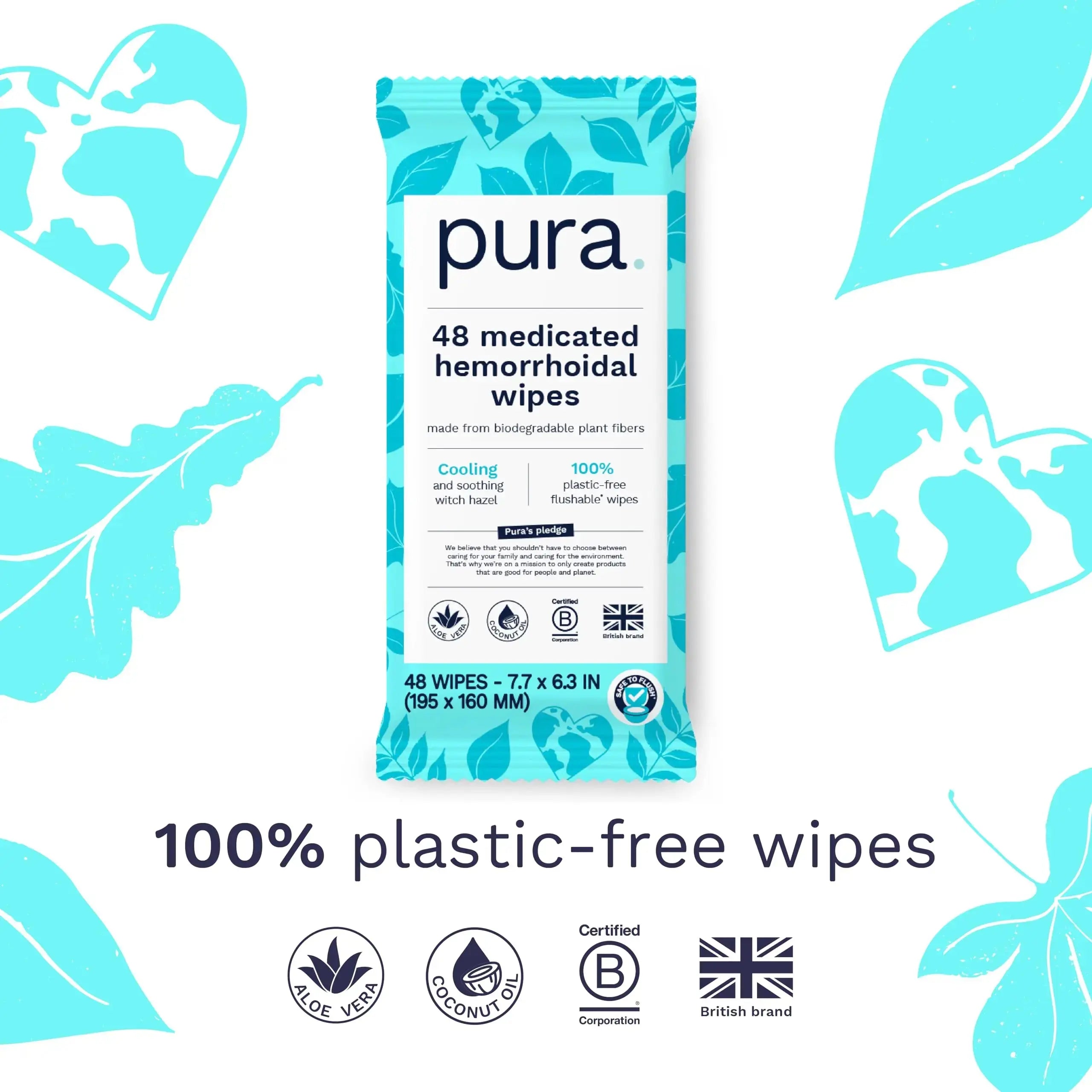 Pura Flushable Hemorrhoid Wipes XL, 48 Count, Medicated with Cooling Witch Hazel, Aloe & Coconut Oil, Fast Relief, Fragrance-Free, 100% Plastic-Free PuraAu supplements