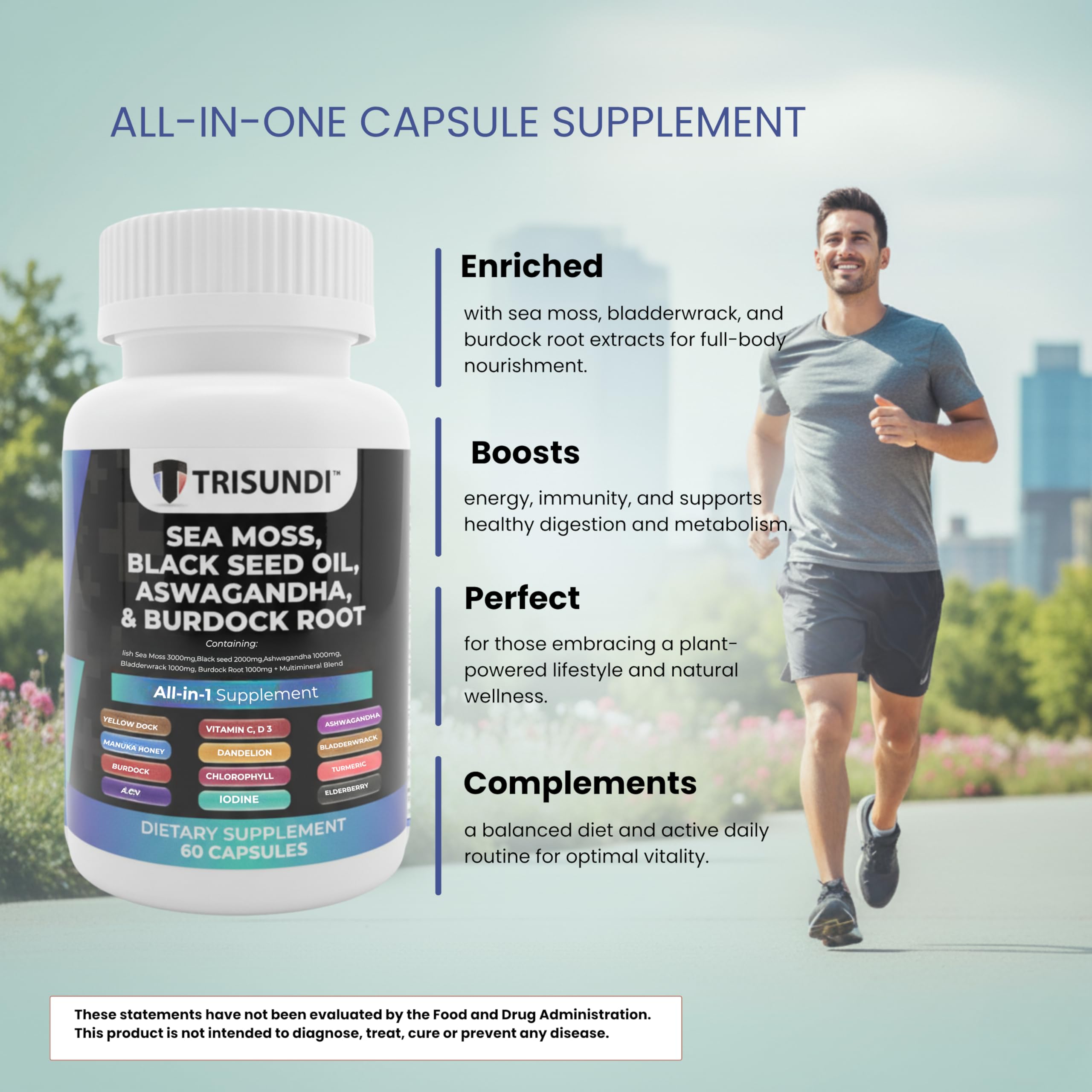 Trisundi Sea Moss Complex with Black Seed Oil, Ashwagandha & Burdock Root – All-in-One Herbal Supplement with Vitamins & Minerals – 60 Capsules TrisundiAu supplements