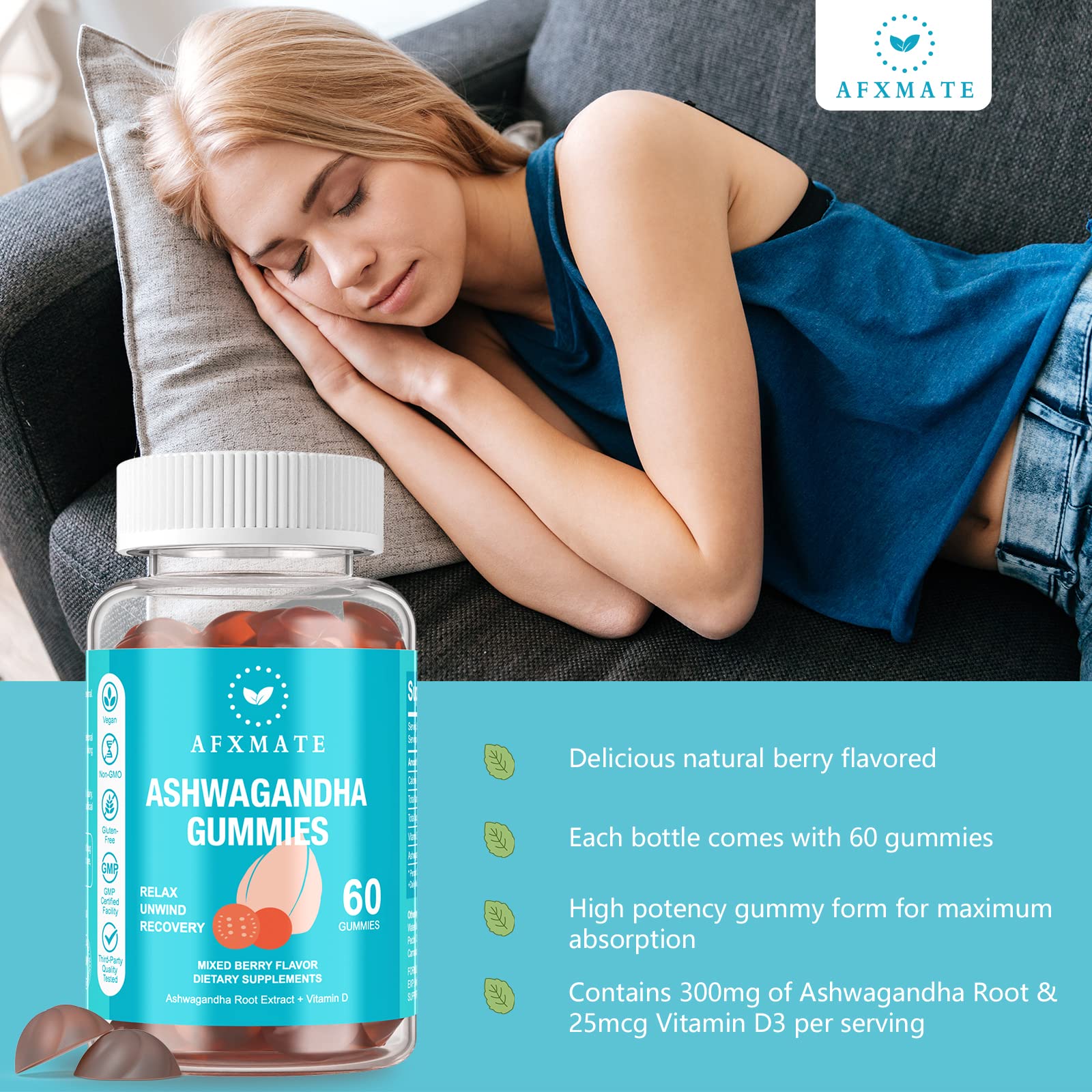 AFXMATE Ashwagandha Gummies & Vitamin D Gummies for Men & Women 120 Count Aswangdha Supplement (Non-GMO, Sugar Free & Gluten Free) AFXMATEAu supplements
