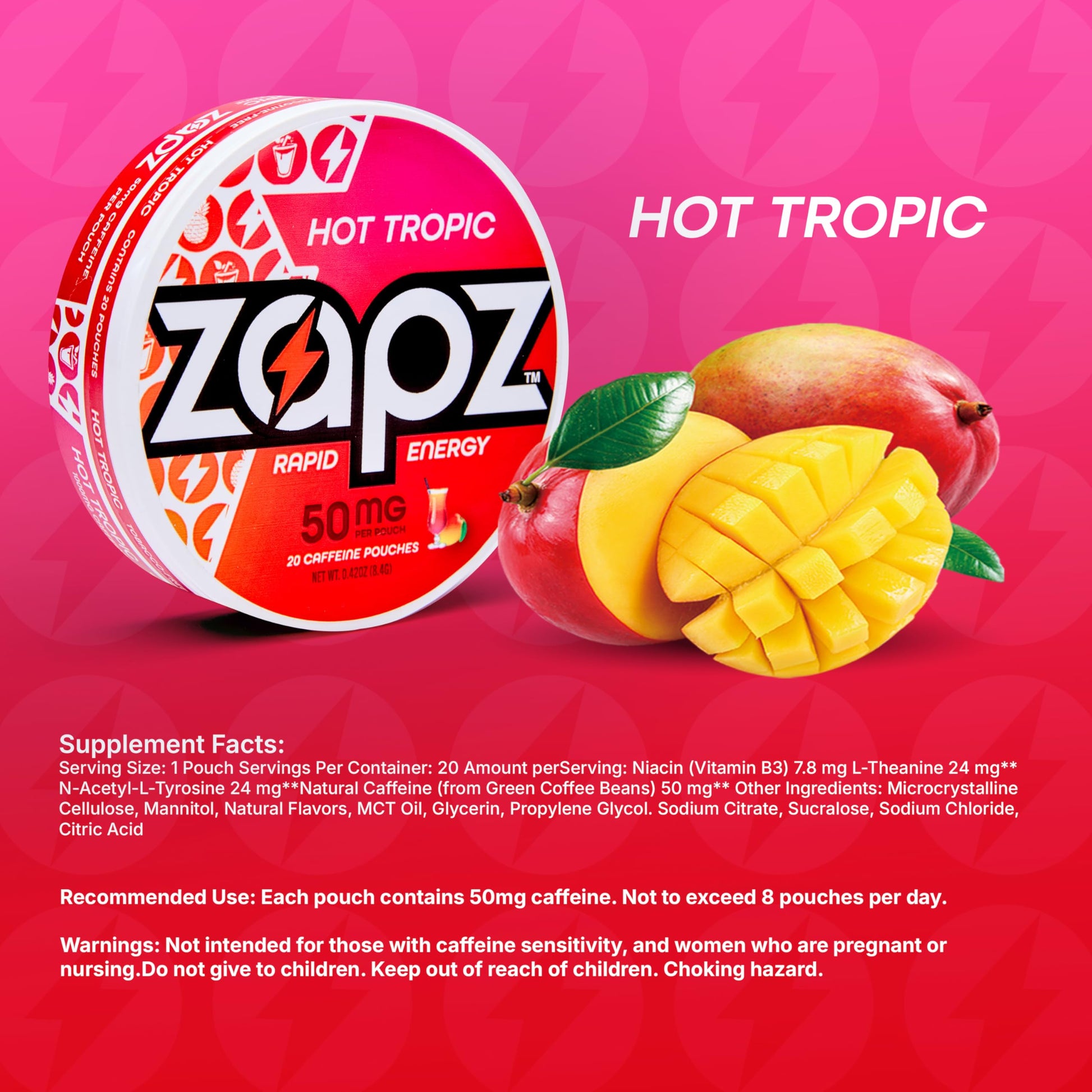ZAPZ Caffeine Pouches, Hot Tropic, 5 Cans x 20 Count, Energy Pouches with 50mg Caffeine, Nootropic Focus Support, Niacin, L-Theanine, L-Tyrosine, Sugar Free, No Coffee Grinds ZAPZAu supplements