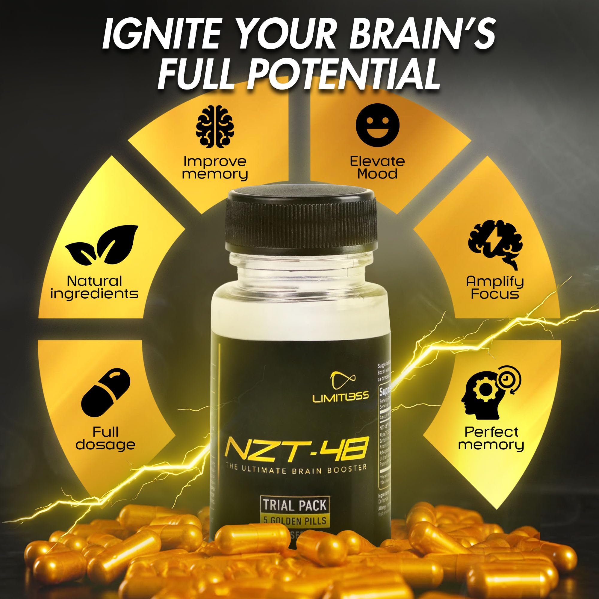 Nootropic Premium Brain Booster - Brain Supplement for Memory + Focus + Natural Energy - Caffeinated, Phosphatidylserine, Vitamins B6 B12-5ct Capsules - Travel Pack NZT-48Au supplements