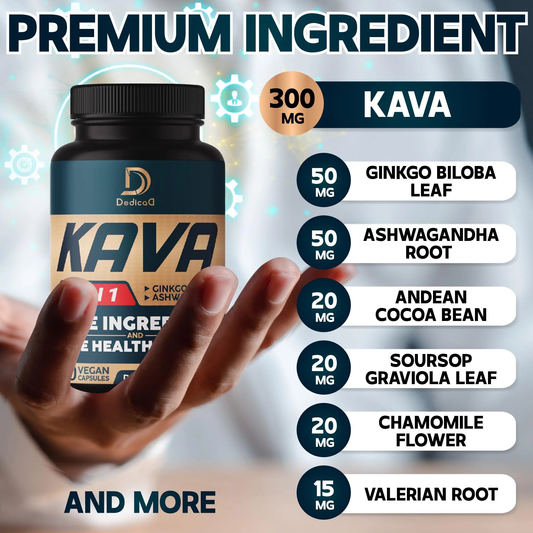 DEDICAD Kava Kava Capsules - 3 Month Supply - 9 Herbs with Ginkgo Biloba, Ashwagandha Root, Andean Cocoa, Graviola Leaf, Chamomile, Valerian, Lemon Balm & Skullcap - Support Mood & Immune - 90 Pills DEDICADnz supplements