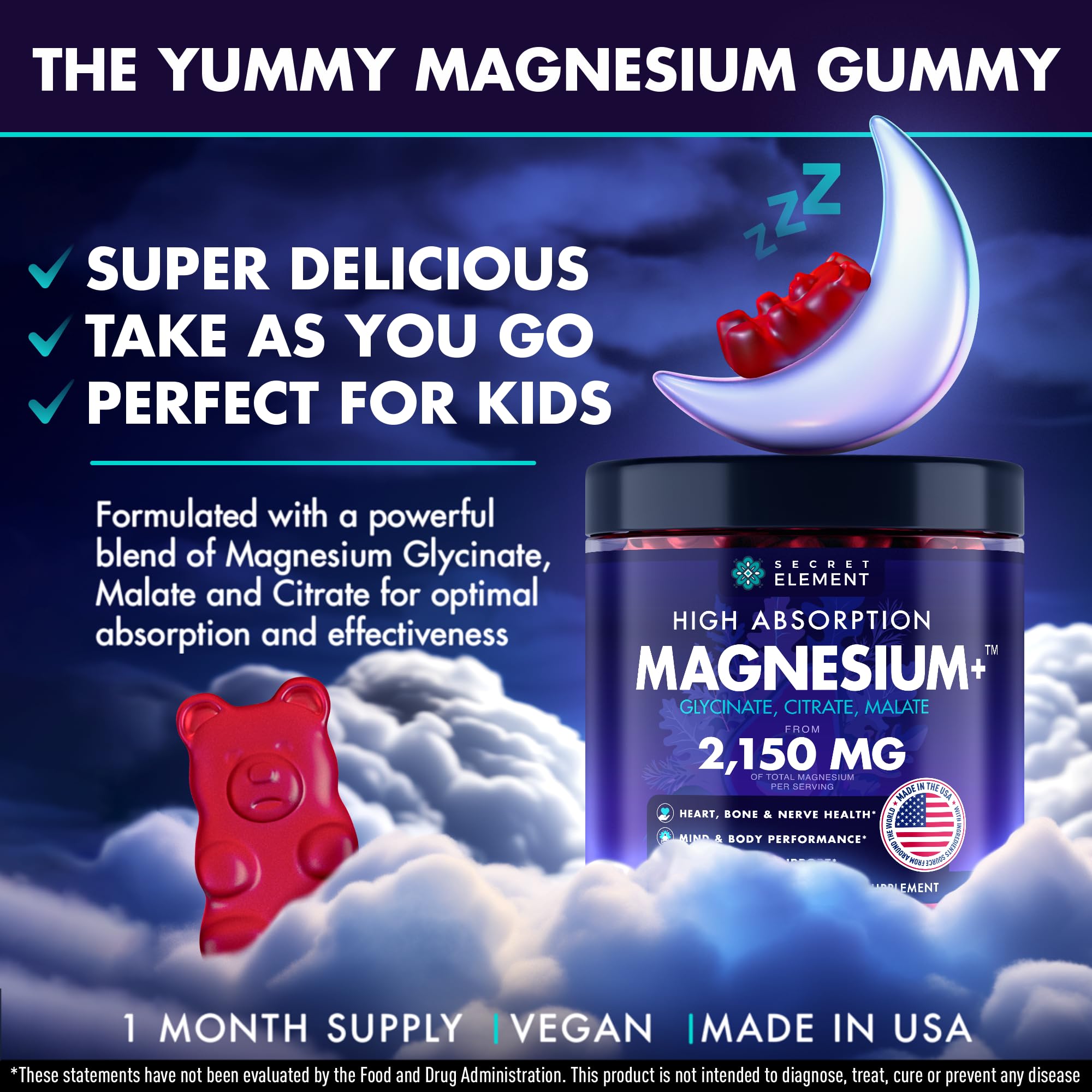 Magnesium Glycinate 2150 MG Gummies, High Absorption Magnesium Glycinate, Citrate & Malate, Sugar-Free, Vegan, Chews for Men & Women, 60 Gummies, Cherry Flavor– 60 Wild Cherry Flavor Chews Secret ElementAu supplements