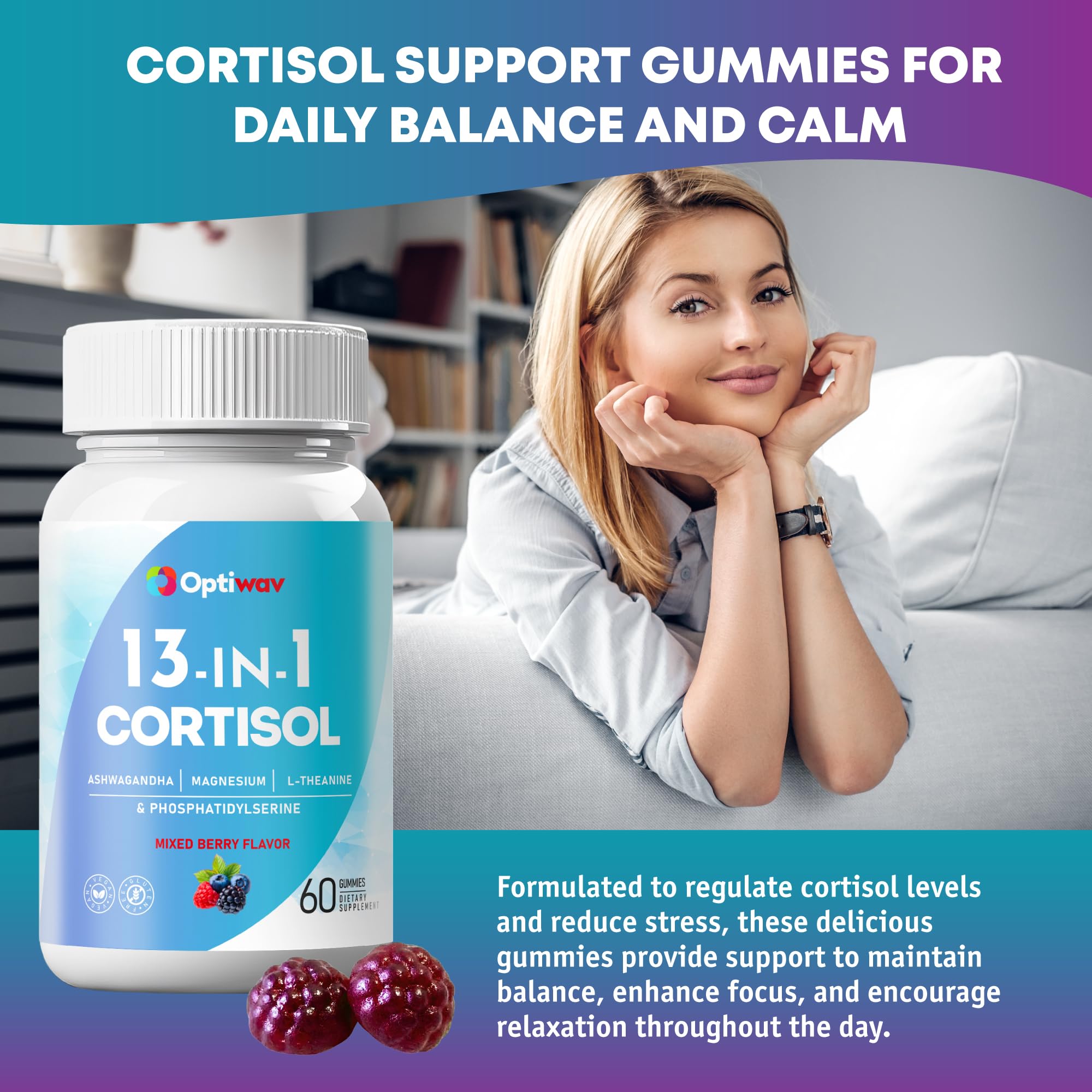 Optiwav Cortisol Reducer Gummies for Women Men - 13-in-1 Daily Cortisol Detox Manager Supports Stress Mood Balance Focus & Health Balance - Reduce High Cortisol with Ashwagandha Magnesium L-Theanine OptiwavAu supplements