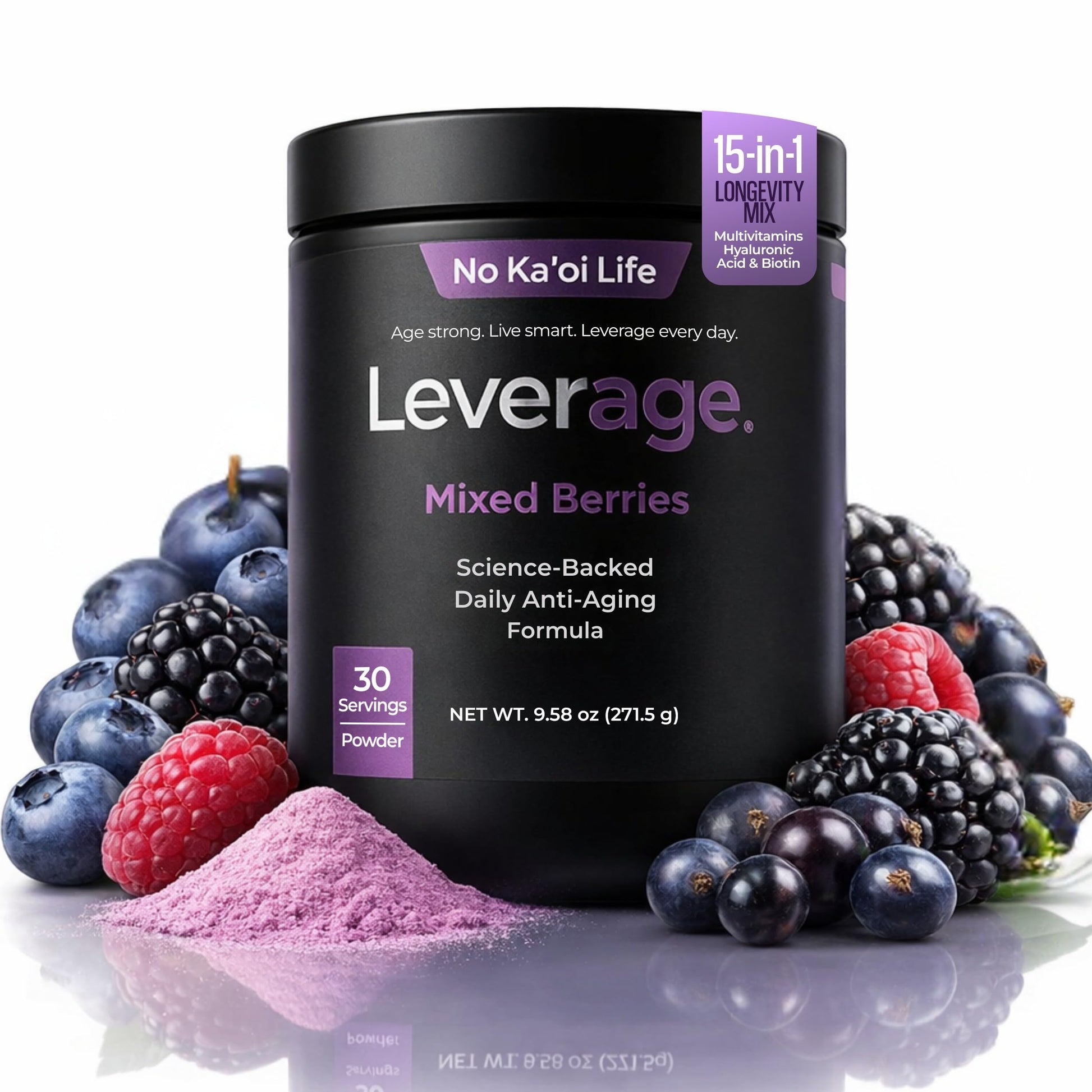 Leverage Mixed Berries Anti–Aging Supplement & Longevity Mix - Daily Wellness Multivitamin Powder with Hyaluronic Acid, L-Glycine & Magnesium for Skin, Energy, Cognitive Function & Joint–30 Servings LeverageAu supplements