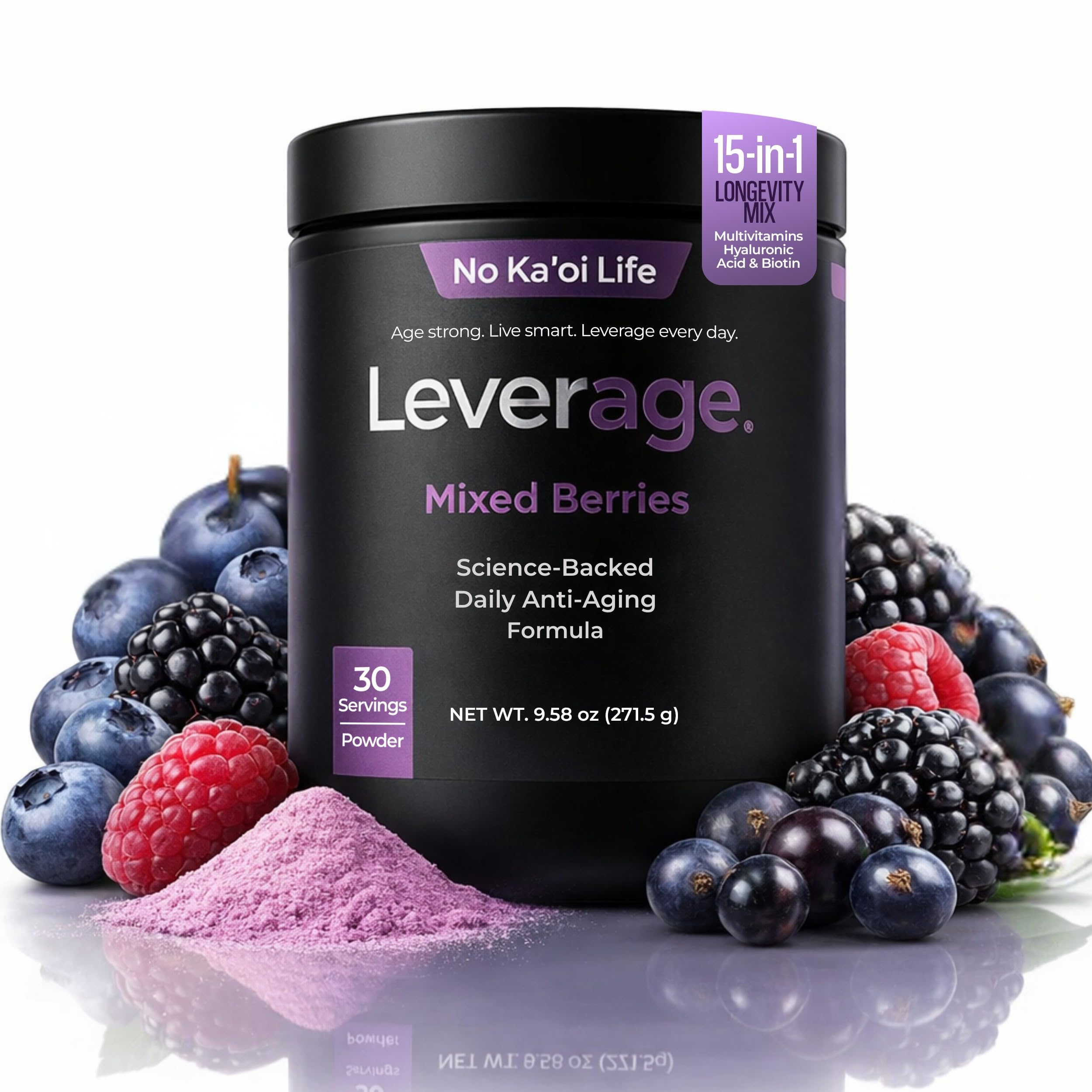 Leverage Mixed Berries Anti–Aging Supplement & Longevity Mix - Daily Wellness Multivitamin Powder with Hyaluronic Acid, L-Glycine & Magnesium for Skin, Energy, Cognitive Function & Joint–30 Servings LeverageAu supplements