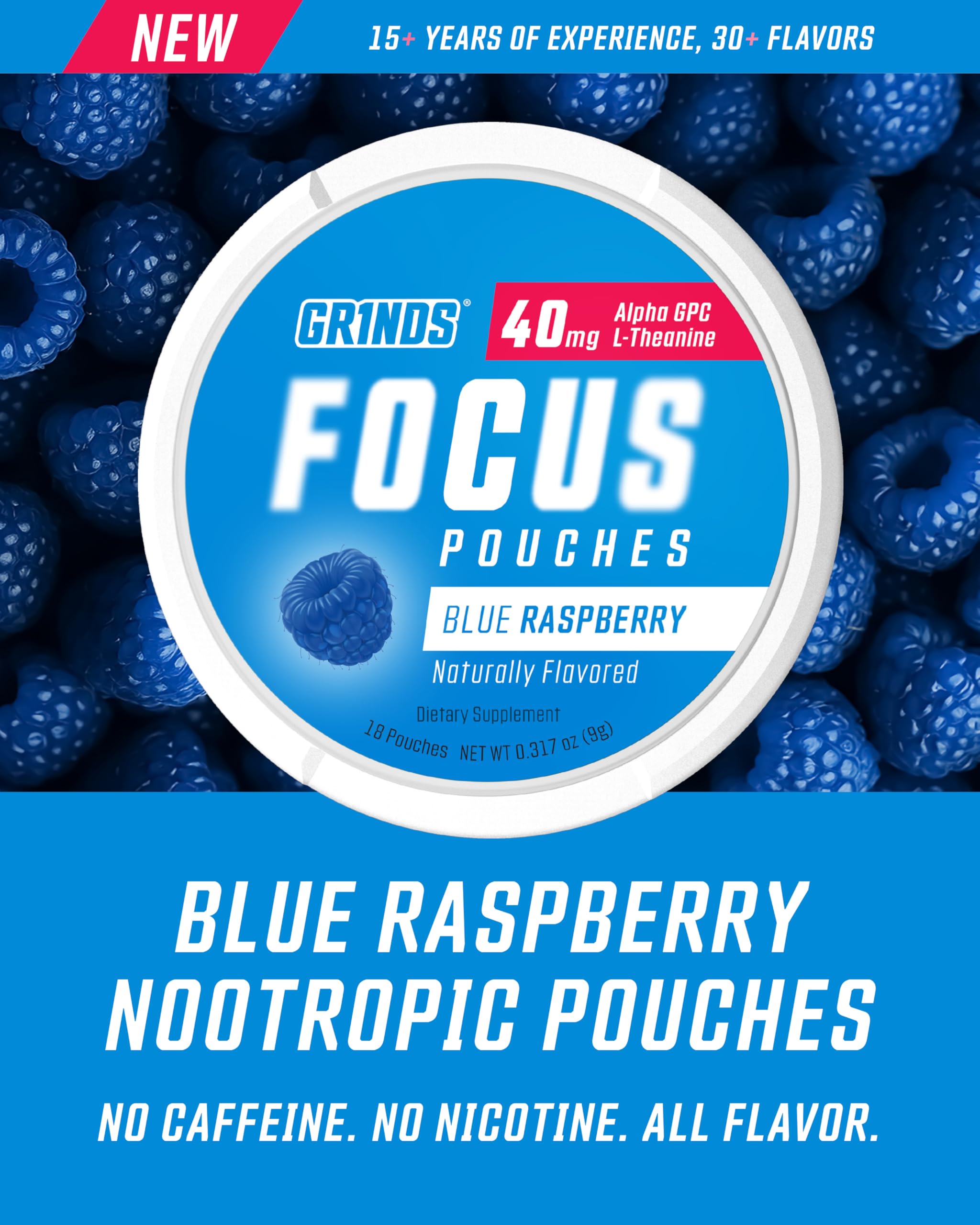 GRINDS Focus Pouches - Naturally Flavored with Nootropic Ingredients - Contains Alpha GPC and L-Theanine - Nicotine-Free, Sugar-Free - 3 Pack, 18 Pouches Per Can - Blue Raspberry GRINDSAu supplements