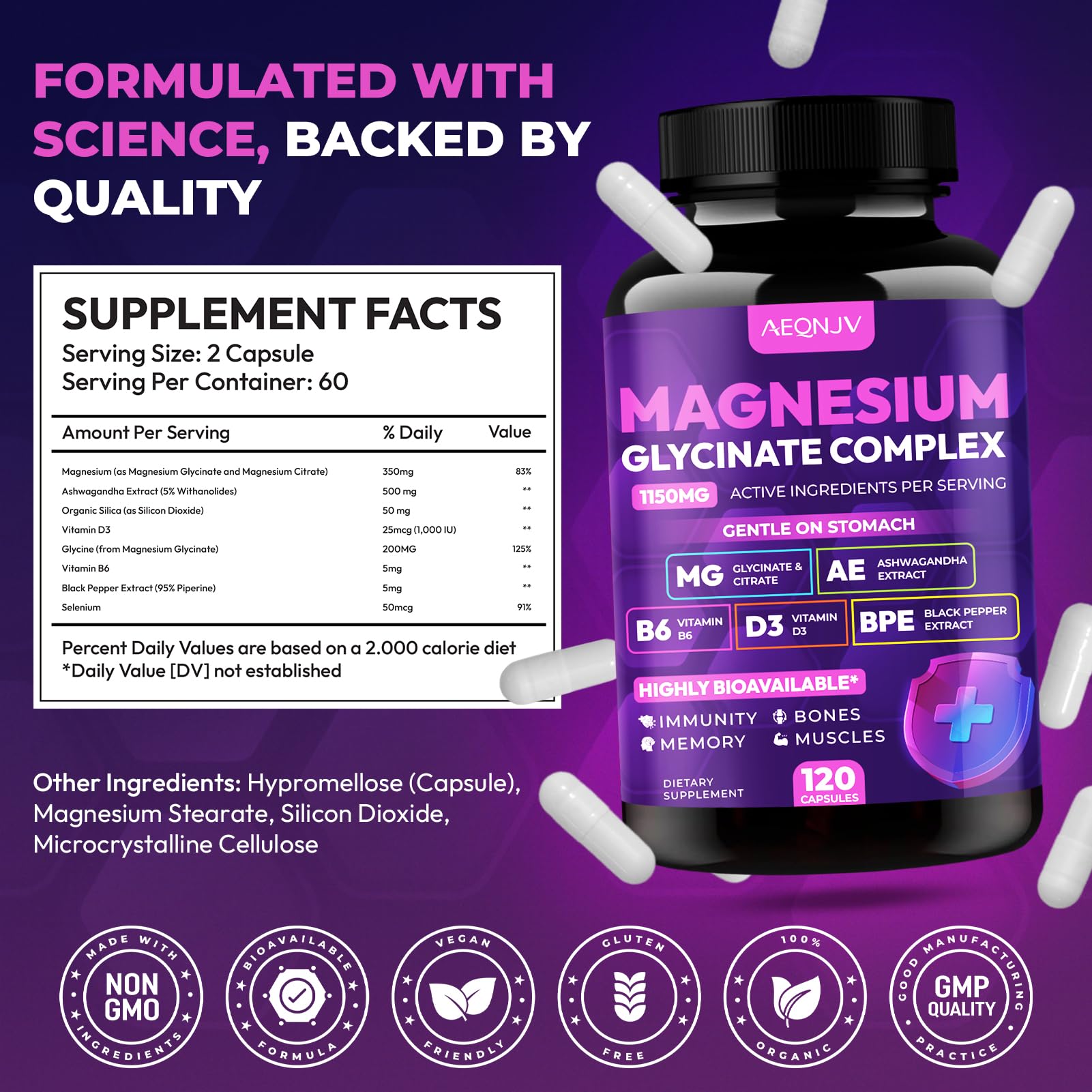 Magnesium Glycinate Complex 1150mg - Gentle on Stomach High Absorption Magnesium Capsules with Citrate, Silica, Ashwagandha & Vitamin B6 for Zzz, Stress Relief, Muscle Support for Adults, Women & Men AEQNJVAu supplements