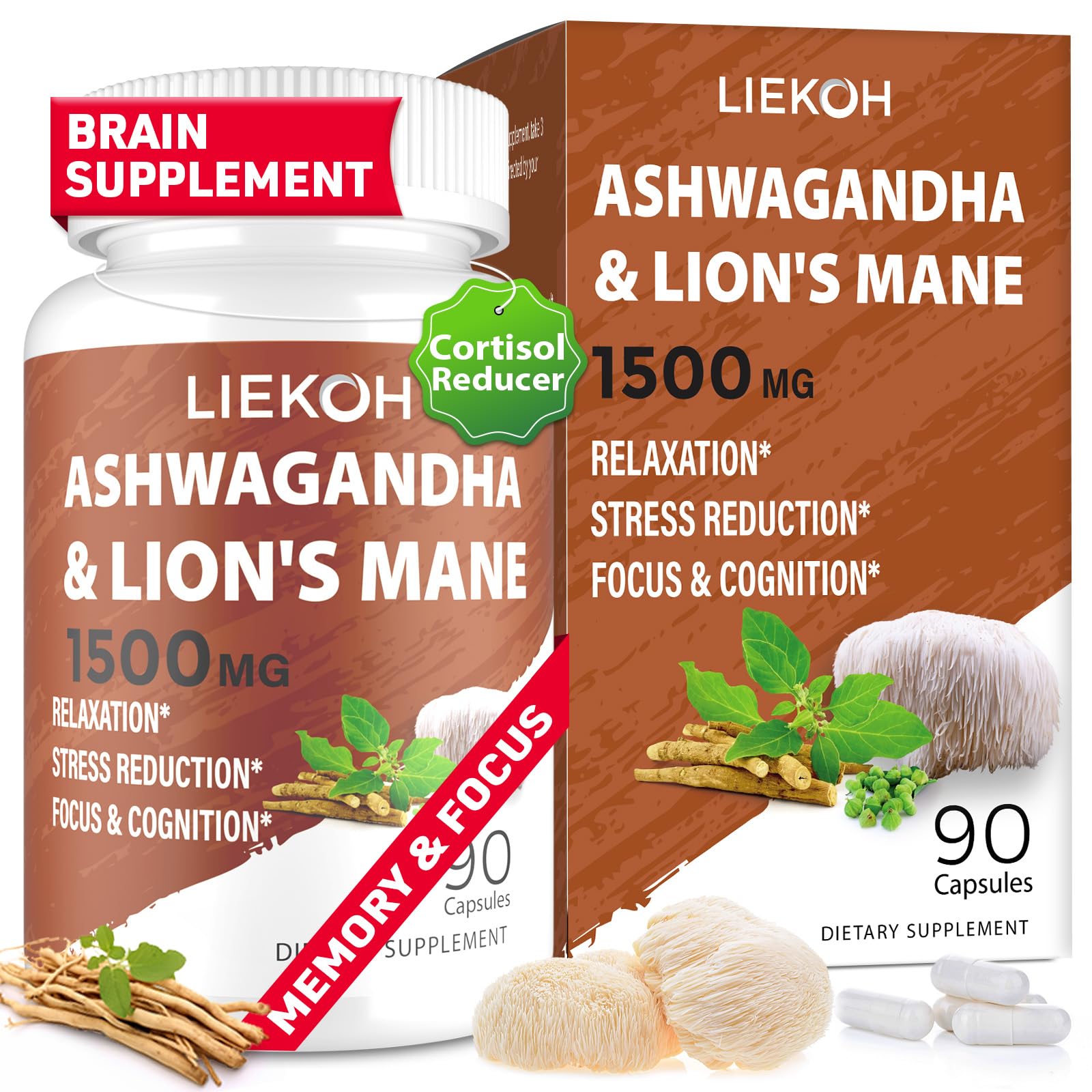 Liekoh Ashwagandha & Lions Mane Supplement Capsules, Brain Supplements for Memory and Focus, Ashwagandha Supplement with Rhodiola & Black Peppe, Cortisol Supplements for Women & Men,90 Caps LiekohAu supplements