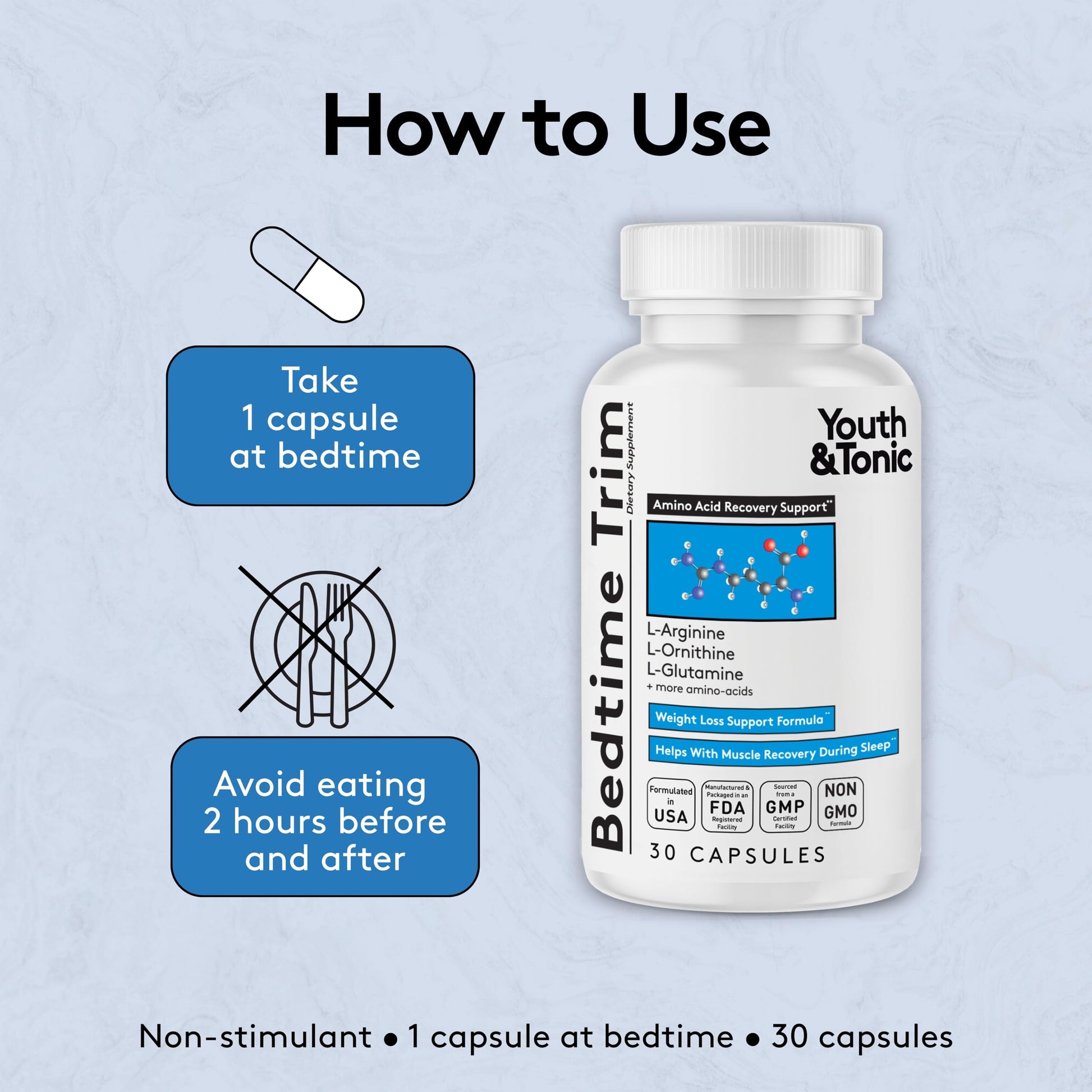 Youth & Tonic PM Bedtime Trim for Lean Appearance & Muscle Definition Support – Nighttime Amino Acids Supplement for Overnight Recovery, Men & Women, 30 Capsules Youth & TonicAu supplements