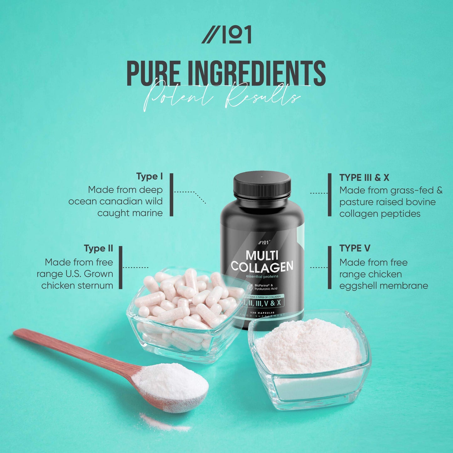 Multi Collagen Capsules - 120 Capsules - Types I, II, III, V & X - Wild Caught Fish, Grass Fed Bovine, Eggshell Revive NaturalsUS supplements