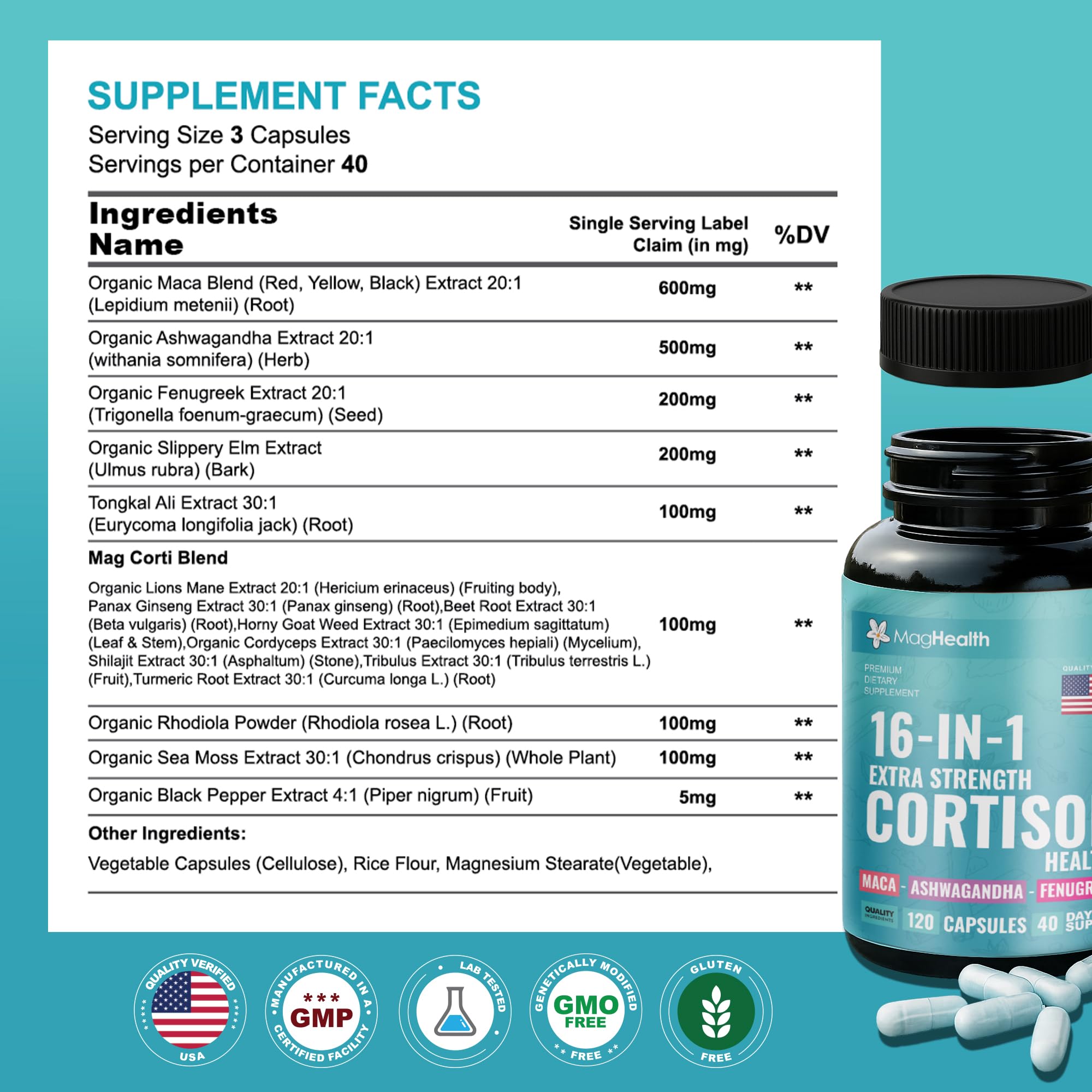 Cortisol Complex 16-in-1 Supplement for Women & Men | Stress Support Manager with Organic Ashwagandha, Maca Root, Rhodiola Rosea & Shilajit | Adaptogen Blend for Balance & Energy | 120 Capsules MagHealthAu supplements