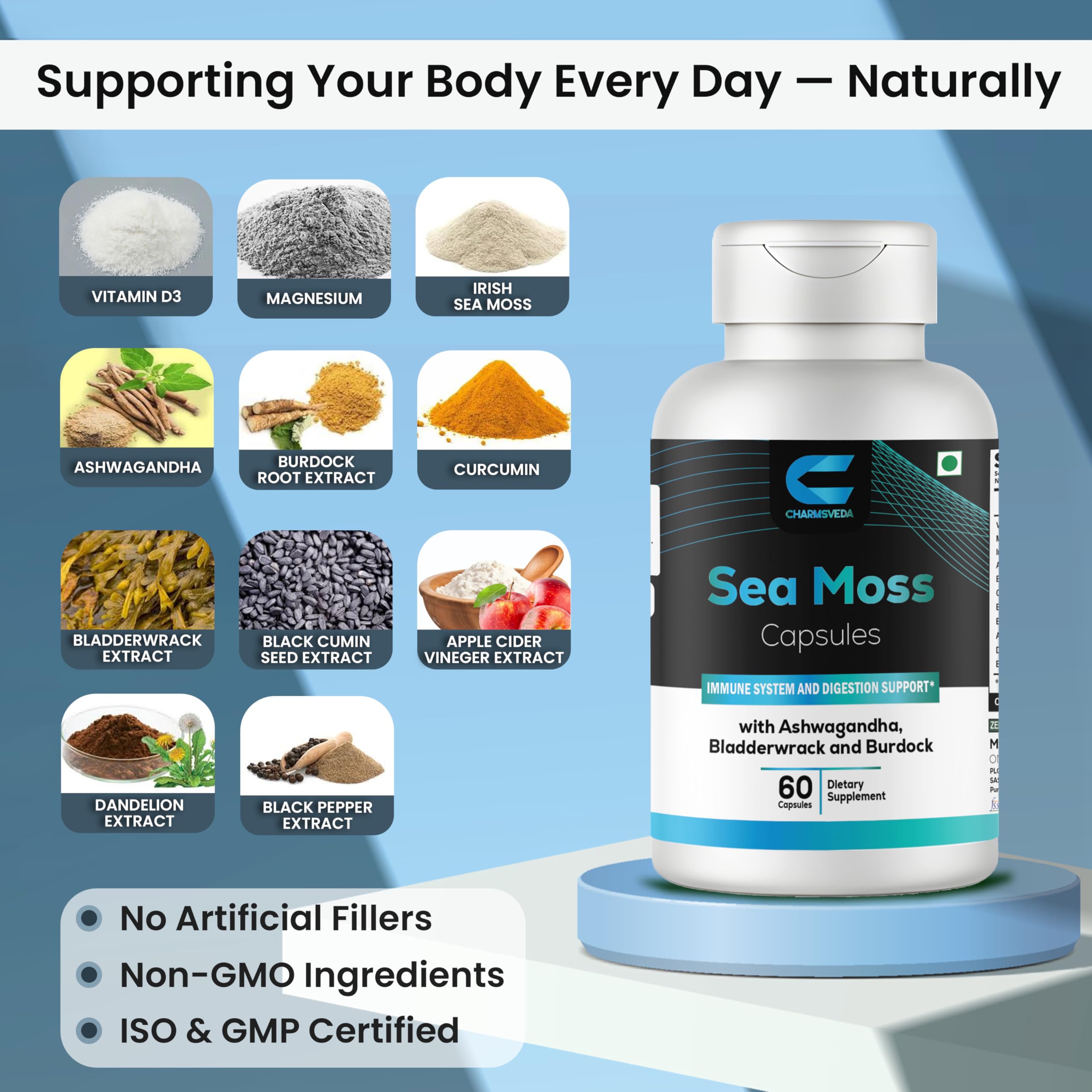 CHARMSVEDA Sea Moss Capsules with Ashwagandha, Bladderwrack & Burdock – Overall Wellness & Immune Support, Support Digestive & Gut Health* – 60 Vegan Capsules CHARMSVEDAAu supplements