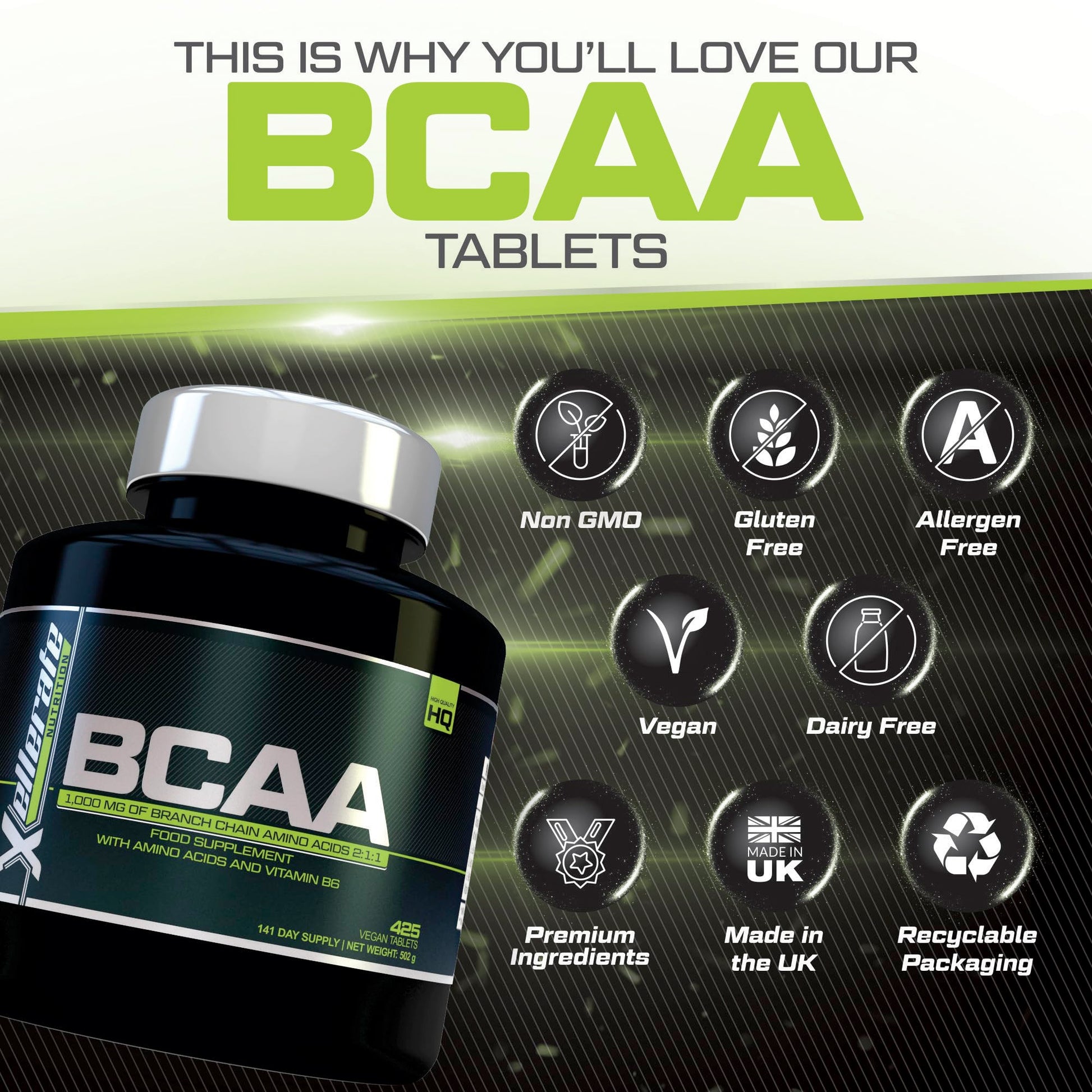 BCAA 1000mg - 425 Vegan Tablets - 3000mg Daily Serving - 141 Day Supply - 2:1:1 BCAAs Xellerate NUTRITIONUS supplements