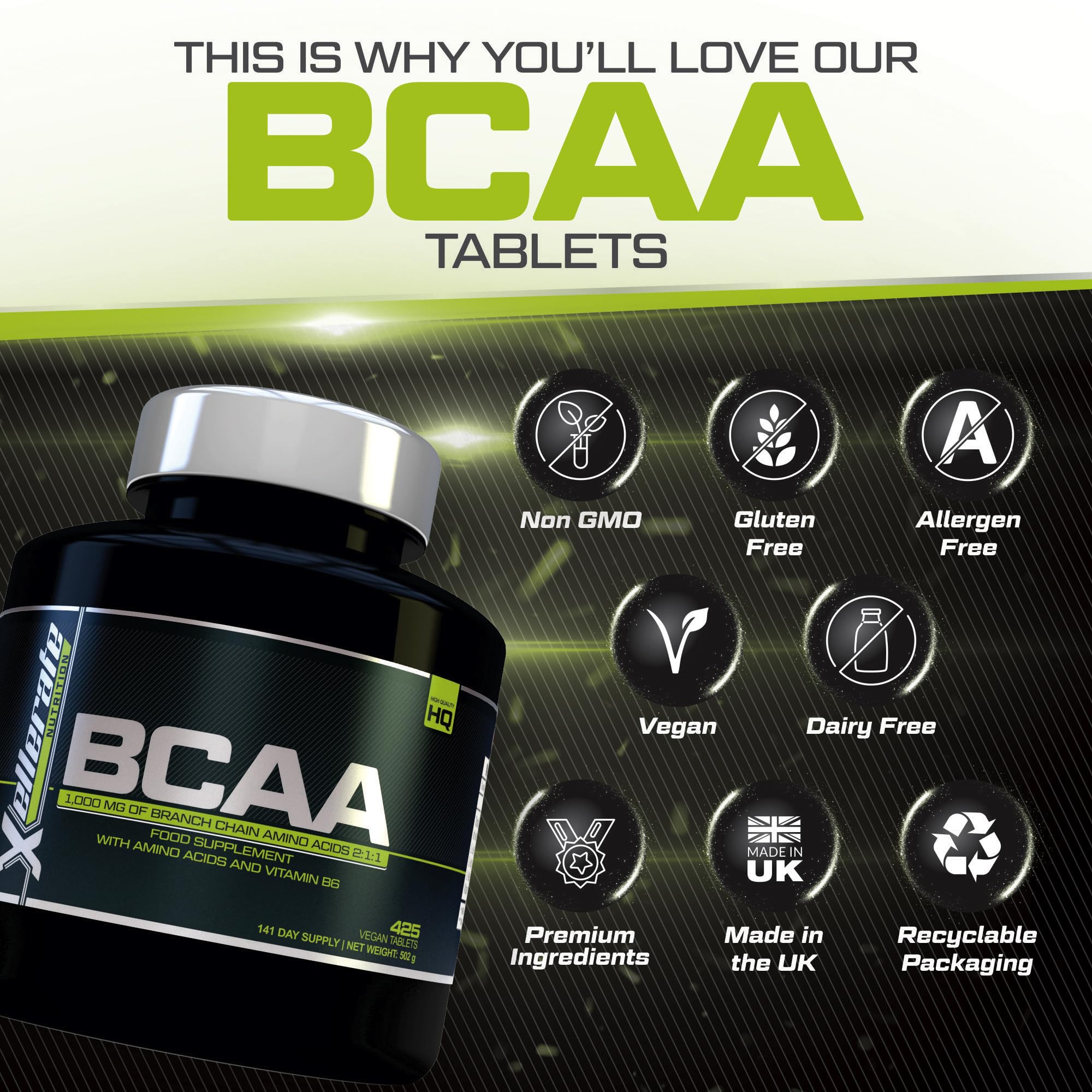 BCAA 1000mg - 425 Vegan Tablets - 3000mg Daily Serving - 141 Day Supply - 2:1:1 BCAAs Xellerate NUTRITIONUS supplements