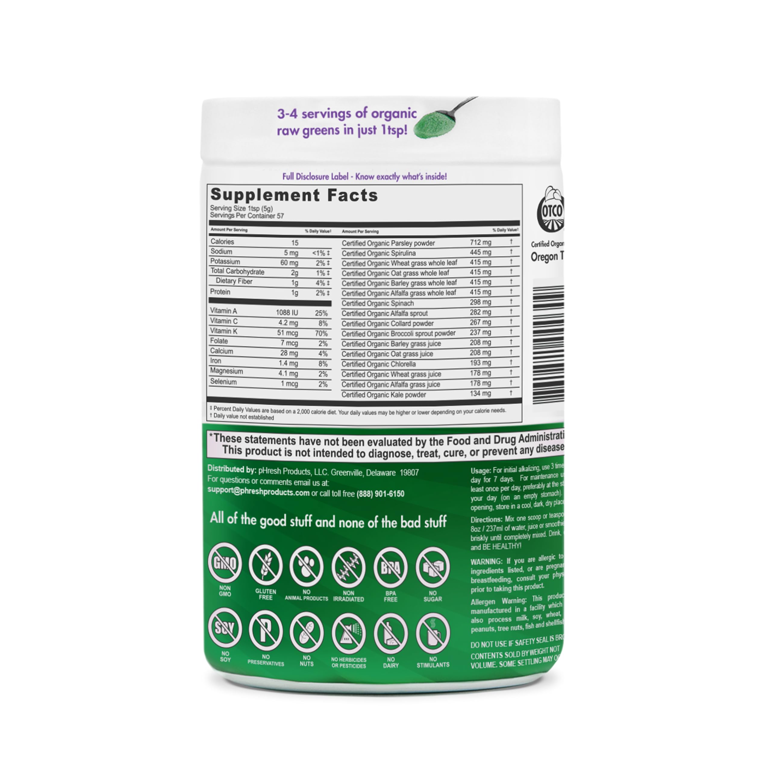 pHresh - Greens Raw Alkalizing Superfood Greens Powder - 2 Month Supply - Vegan, Kosher, Gluten Free - Natural Enzymes, Nutrients - Approved for Intermittent Fasting - 10 oz Phresh ProductsAu supplements