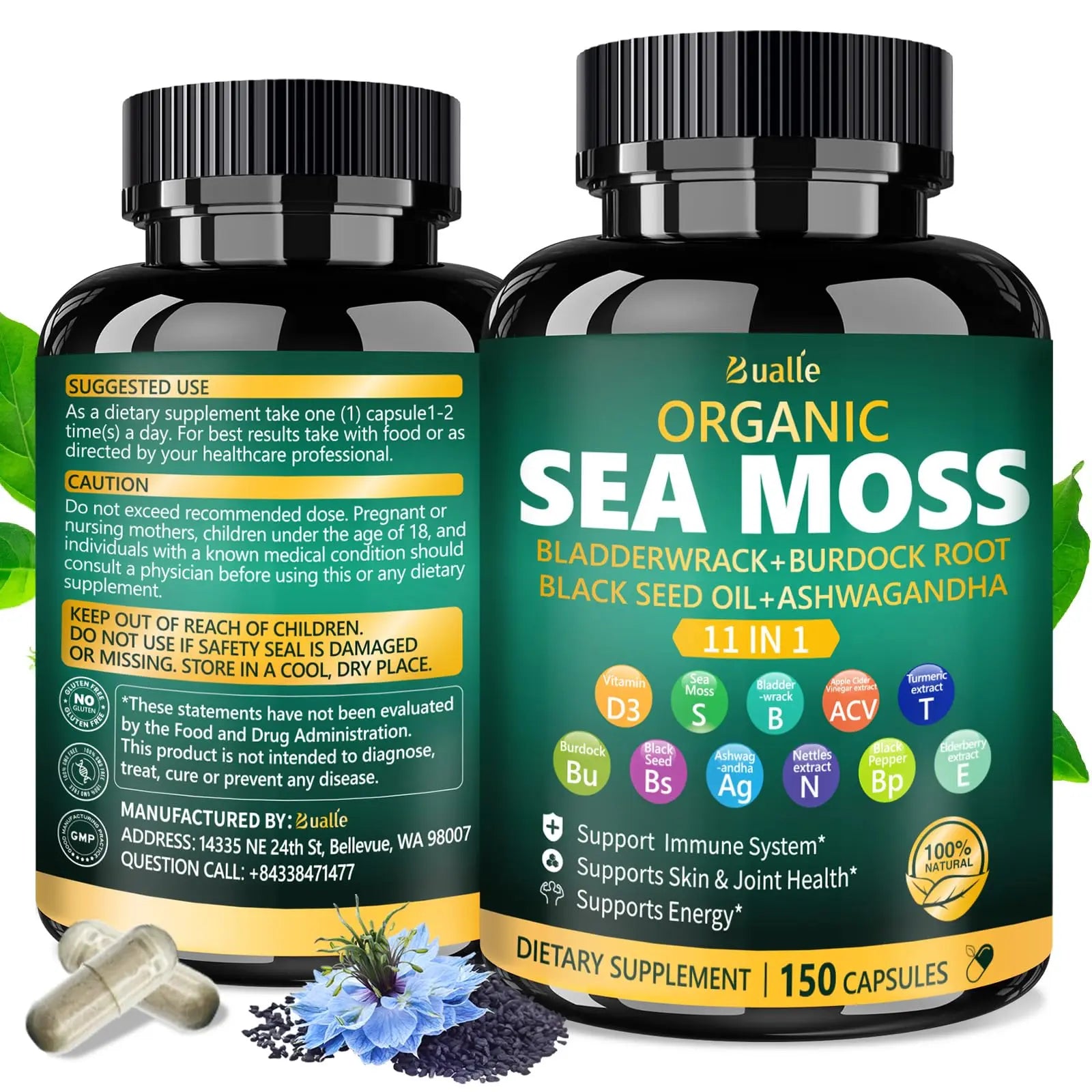 Bualle Irish Sea Moss Capsules – Organic Sea Moss, Black Seed Oil, Ashwagandha Supplements with Bladderwrack, Ginger & Burdock Root – Supports Daily Wellness, Skin & Energy – 150 Count (1 Pack) Buallenz supplements