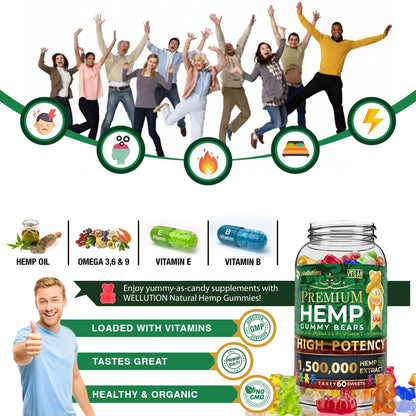 Wellution Hemp Gummies 1,500,000 XXL High Potency - Fruity Gummy Bear with Hemp Oil WellutionUS supplements