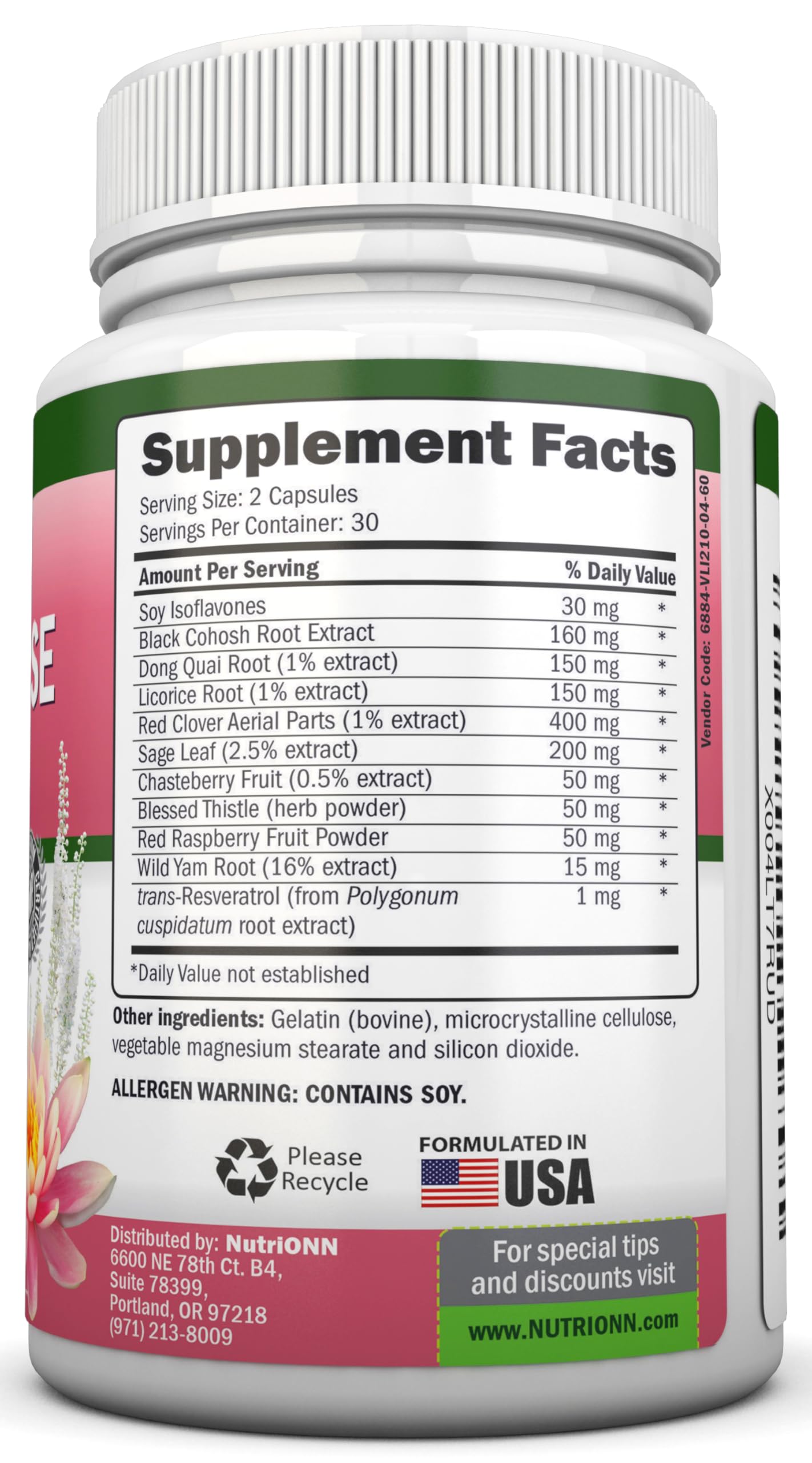 NutriONN Perimenopause Supplement for Women - Natural Support for Hot Flashes & Night Sweats - Improved Mood & Sleep - 11 Herbal Ingredients with Black Cohosh & Red Clover - Hormone Balance - Non-GMO NutriONNAu supplements